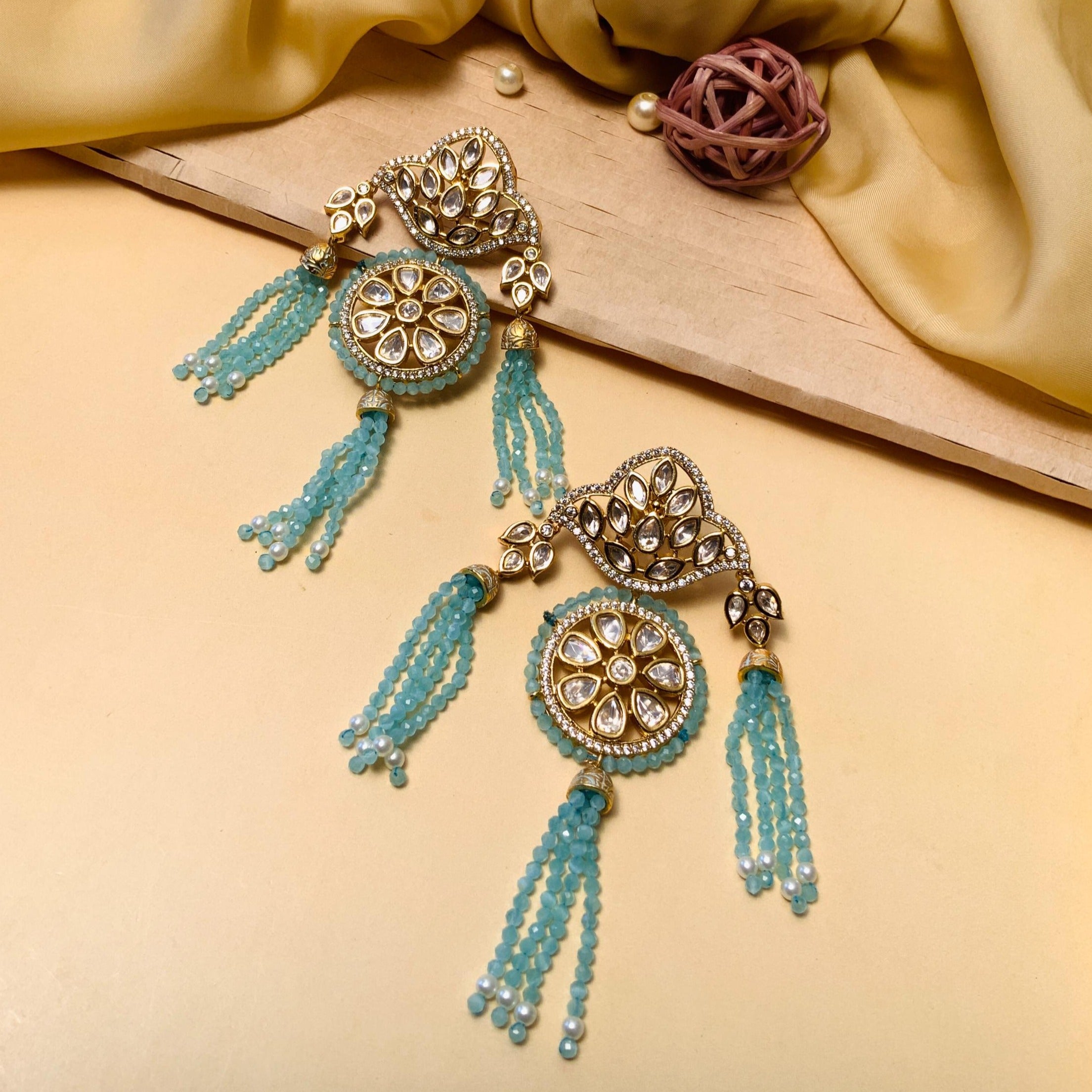 Pleasing Gold Plated Sky Blue Beads Kundan Earrings - earrings by Abdesigns Jewellery