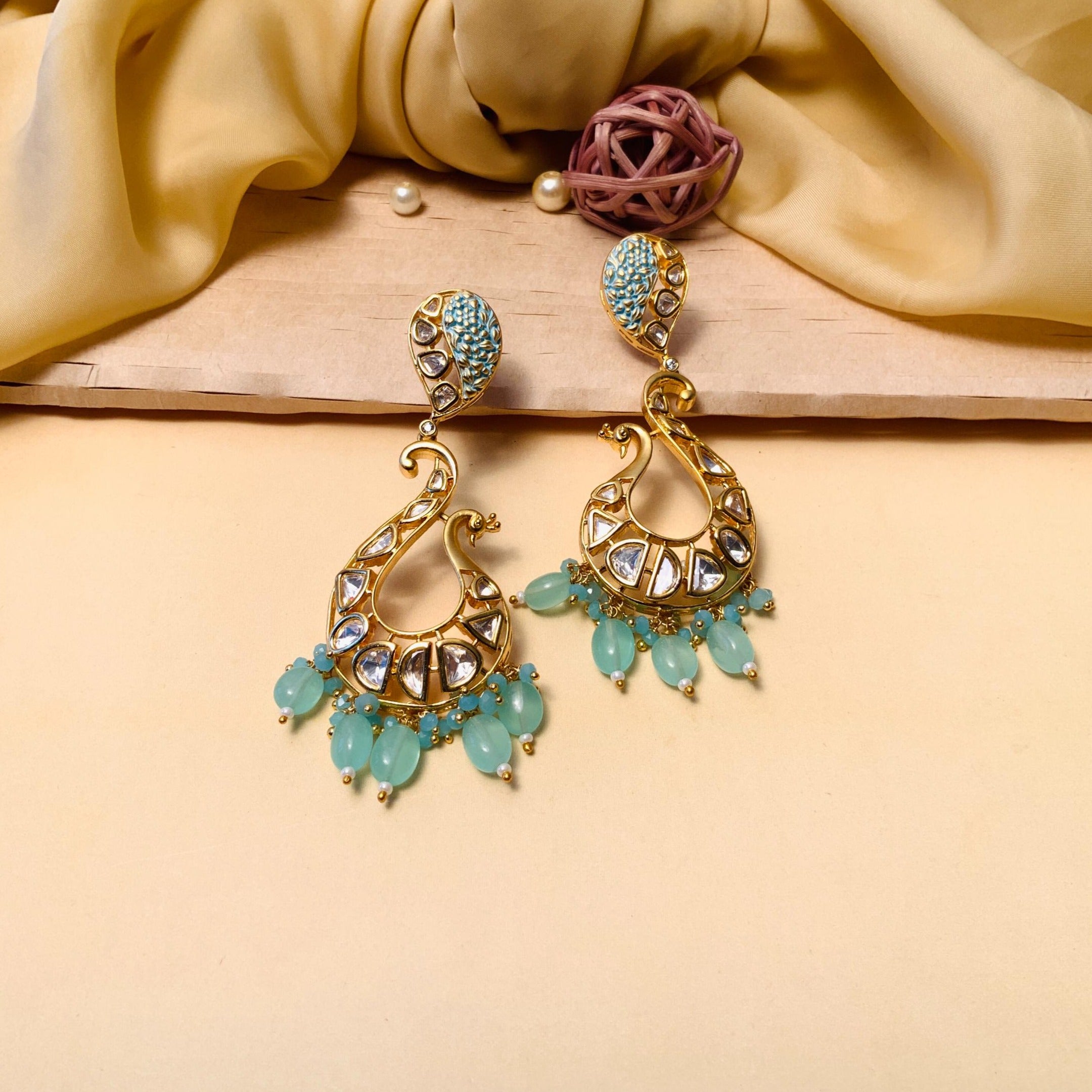 Ethnic Pearl Gold Plated Peacock Meenakari Kundan Earrings - Abdesignsjewellery