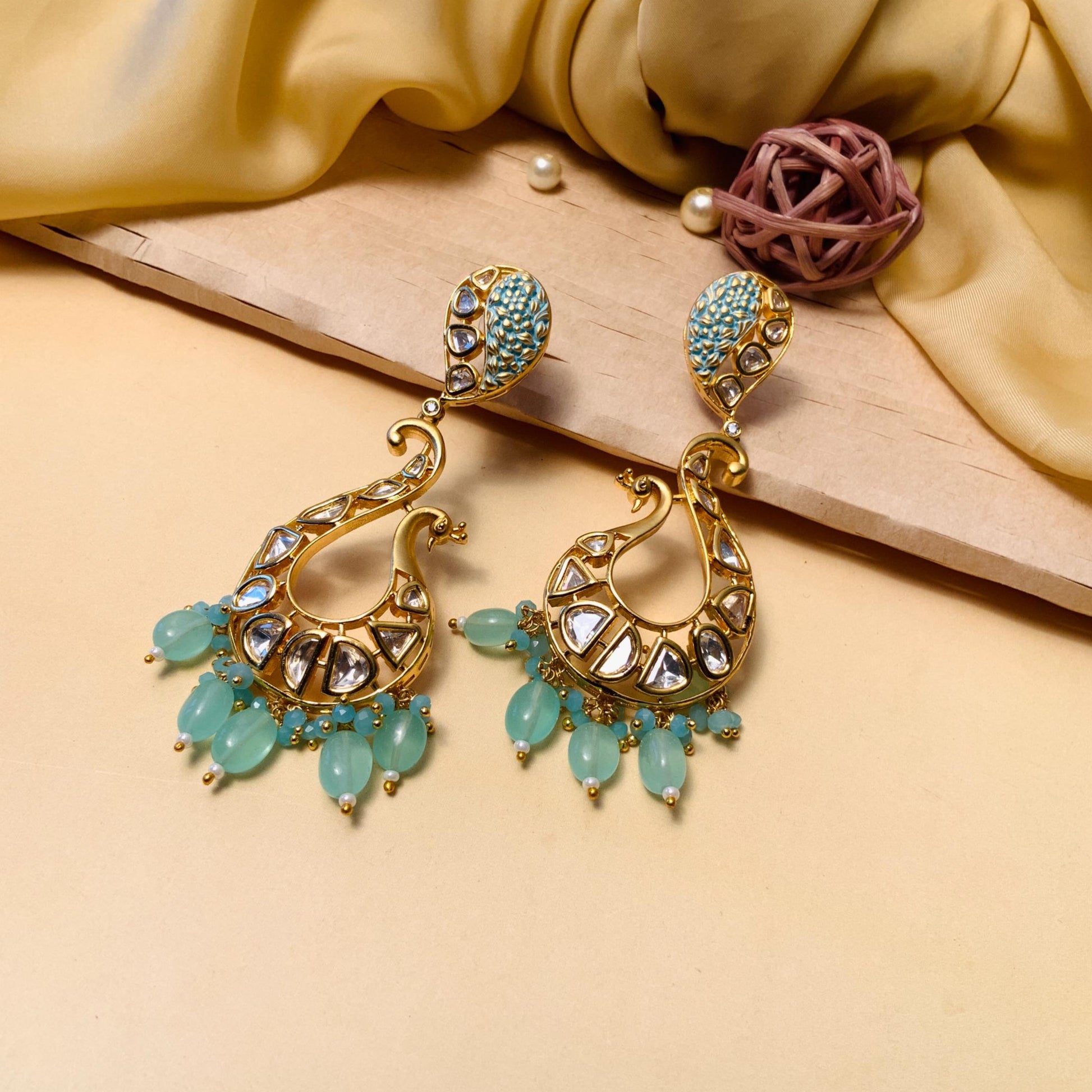 Ethnic Pearl Gold Plated Peacock Meenakari Kundan Earrings - Abdesignsjewellery