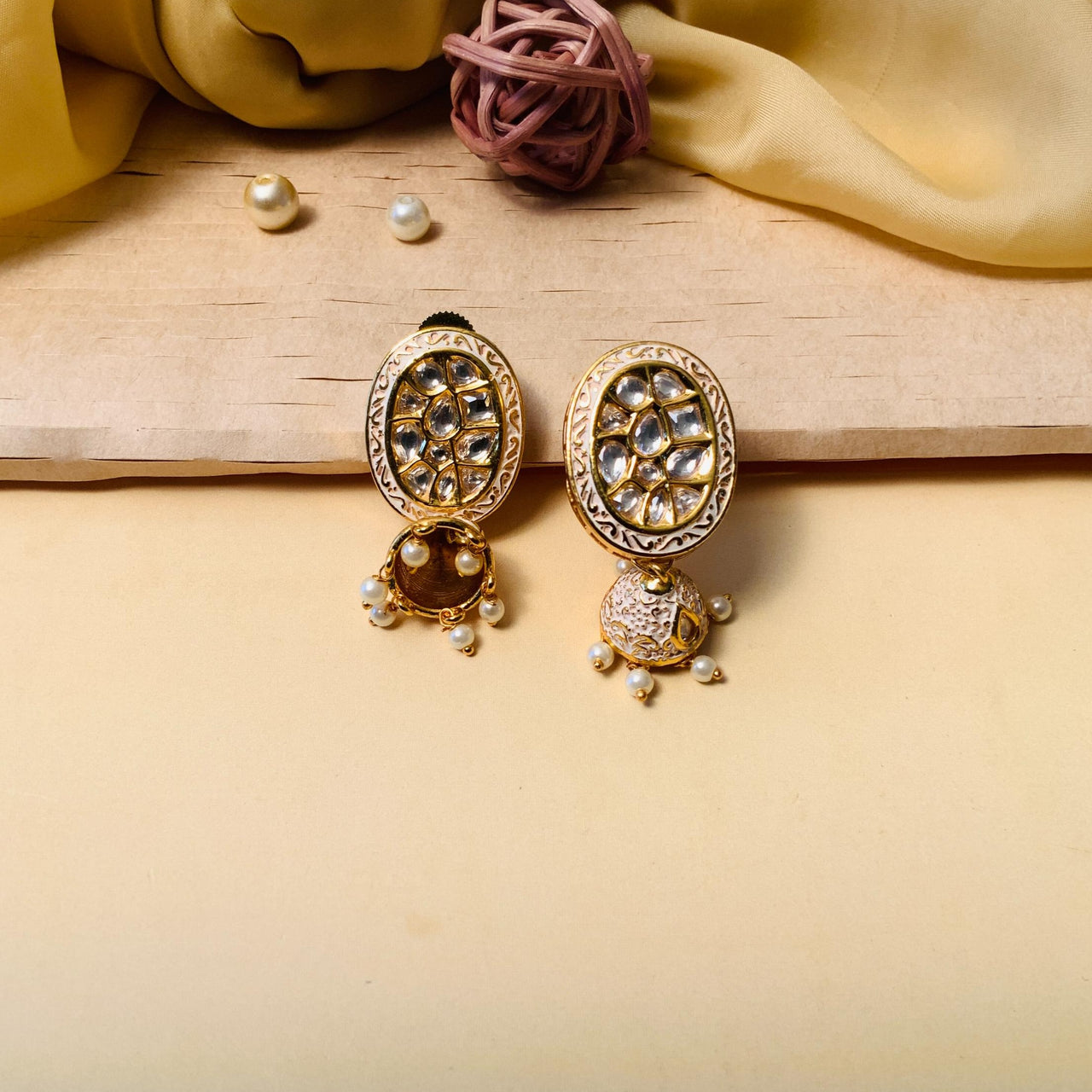 Beautiful Gold Plated White Kundan Meenakari Jhumki Earrings