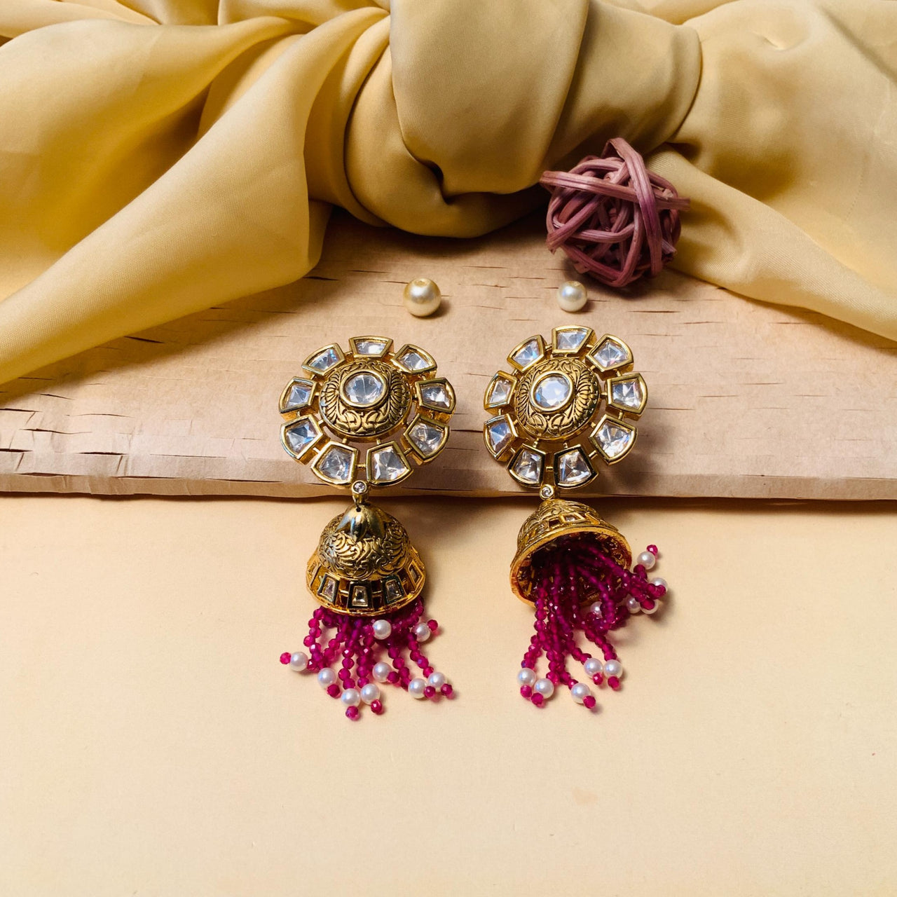 Ethnic Gold Plated Dark Pink Ridge Kundan Jhumkis - Abdesignsjewellery