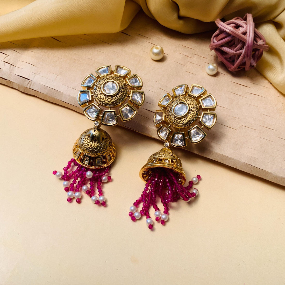 Ethnic Gold Plated Dark Pink Ridge Kundan Jhumkis - Abdesignsjewellery