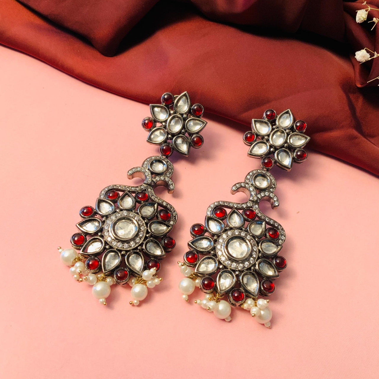 Silver Plated Moissanite Polki & Ruby Long Earrings