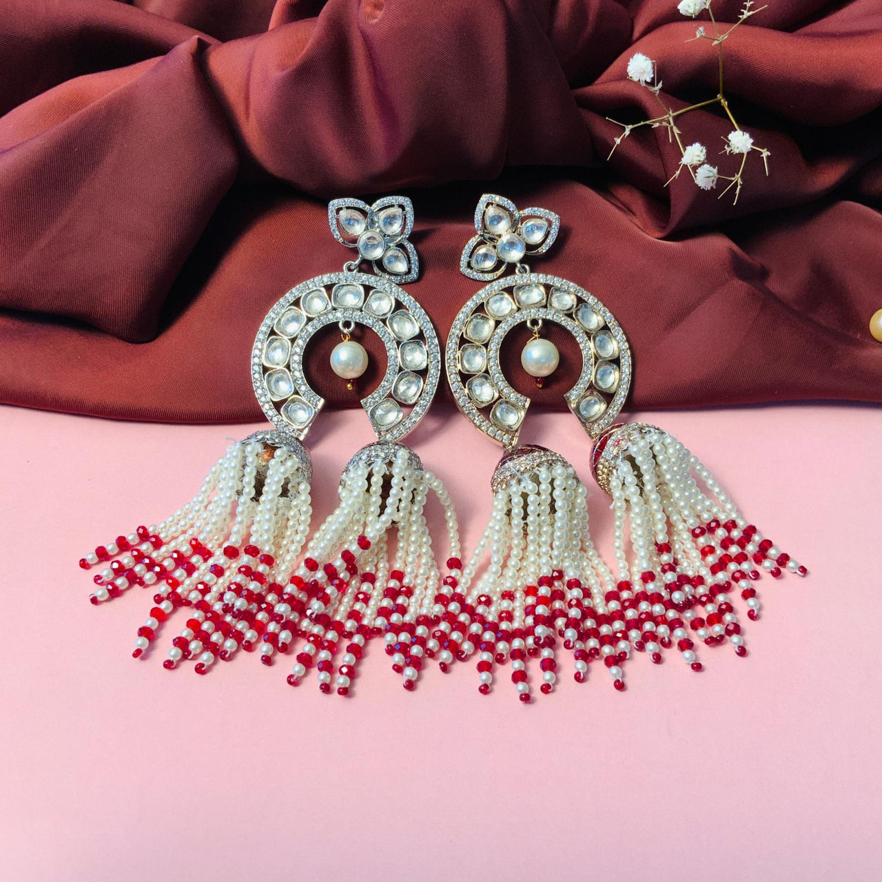 Stylish Kundan CZ Silver Plated Earrings With Pearl & Red Bead Strings