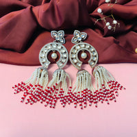 Thumbnail for Stylish Kundan CZ Silver Plated Earrings With Pearl & Red Bead Strings