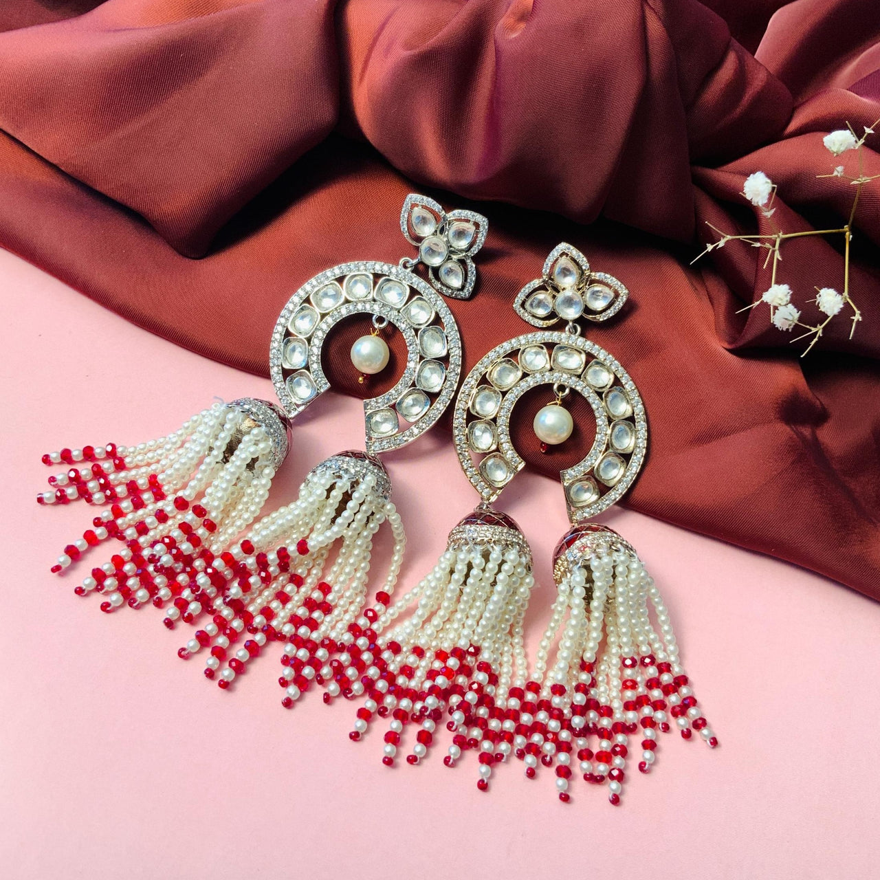Stylish Kundan CZ Silver Plated Earrings With Pearl & Red Bead Strings - Abdesignsjewellery