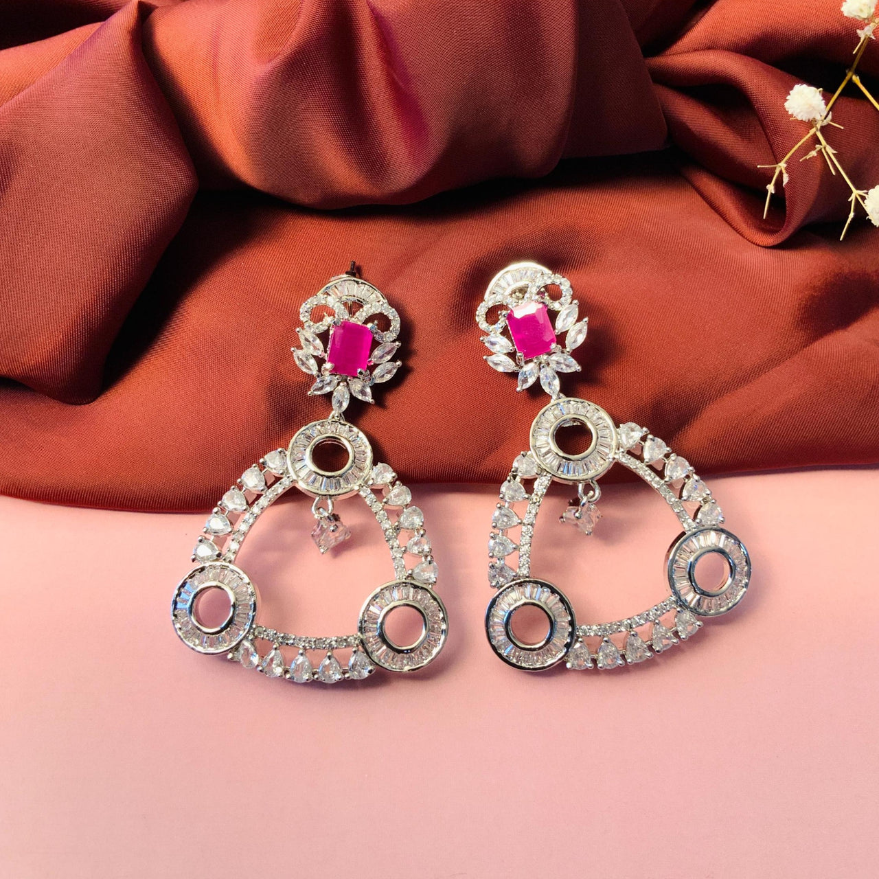 Elegant Silver Finish Dark Pink Stone Dangler Earrings - Abdesignsjewellery