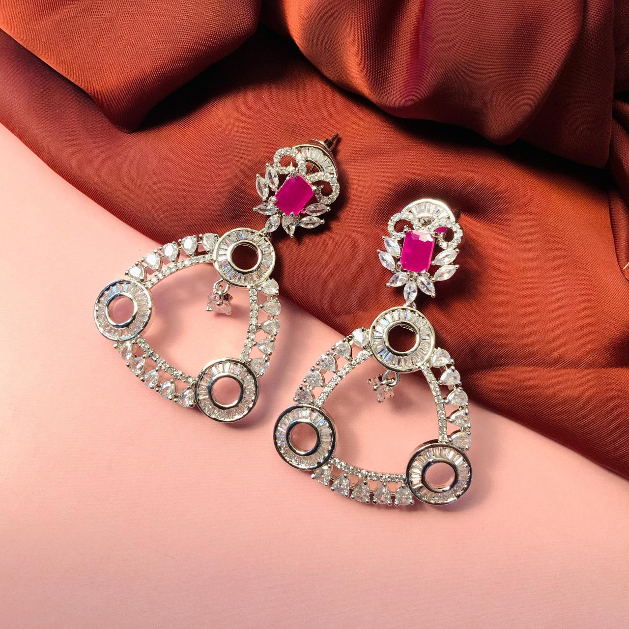 Elegant Silver Finish Dark Pink Stone Dangler Earrings