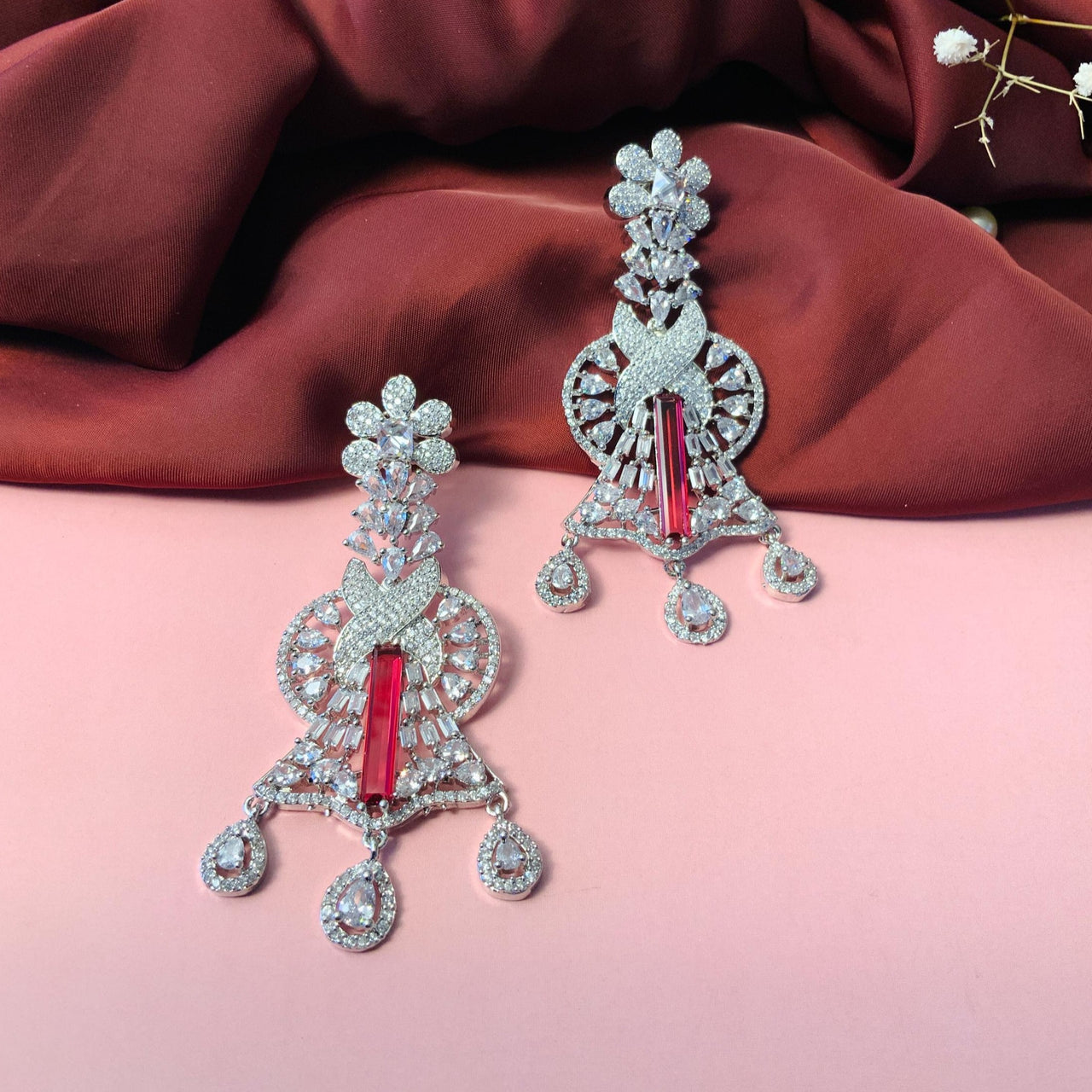 Classy Dark Pink CZ American Diamond Silver Plated Dangler - Abdesignsjewellery