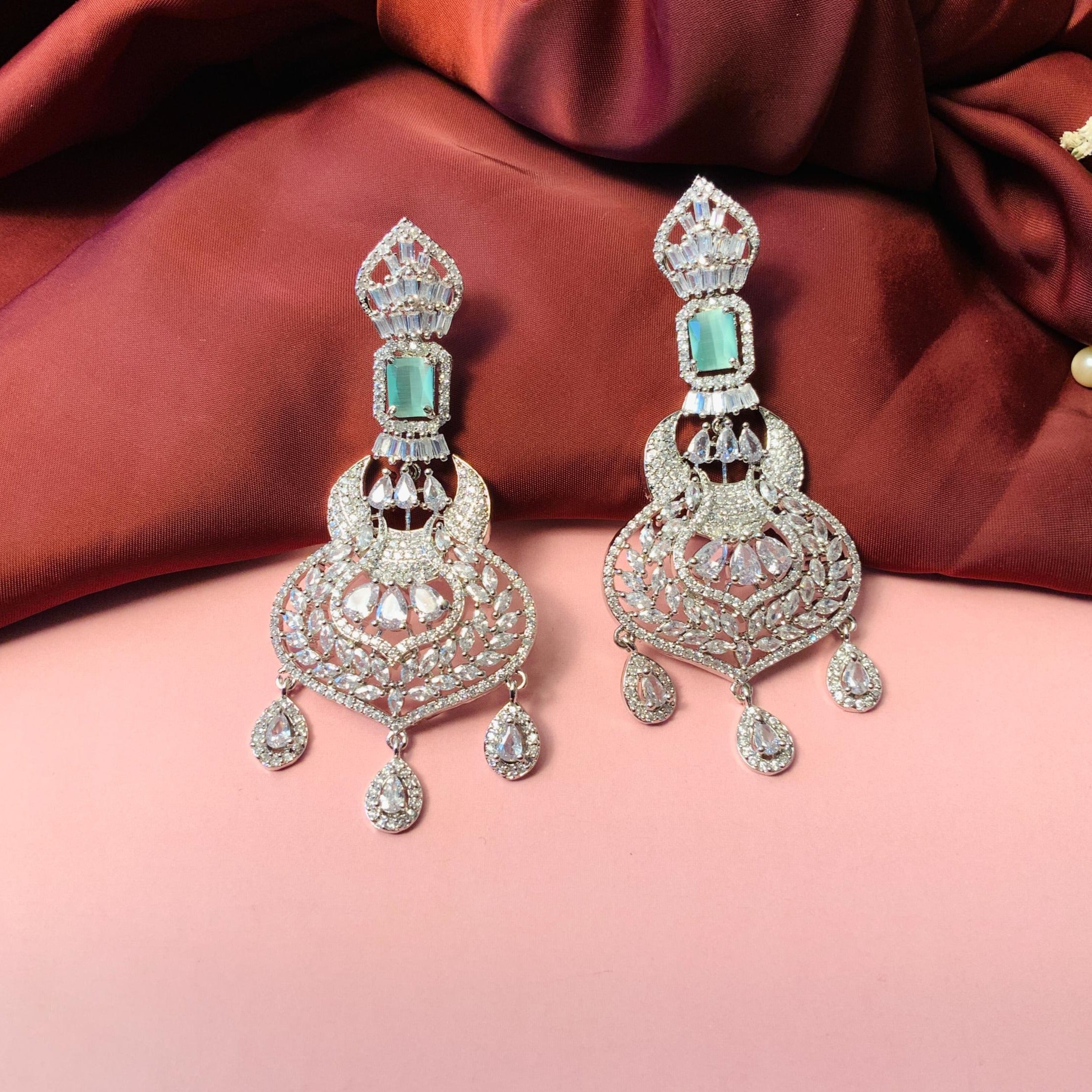 Stunning American Diamond Silver Toned Earrings