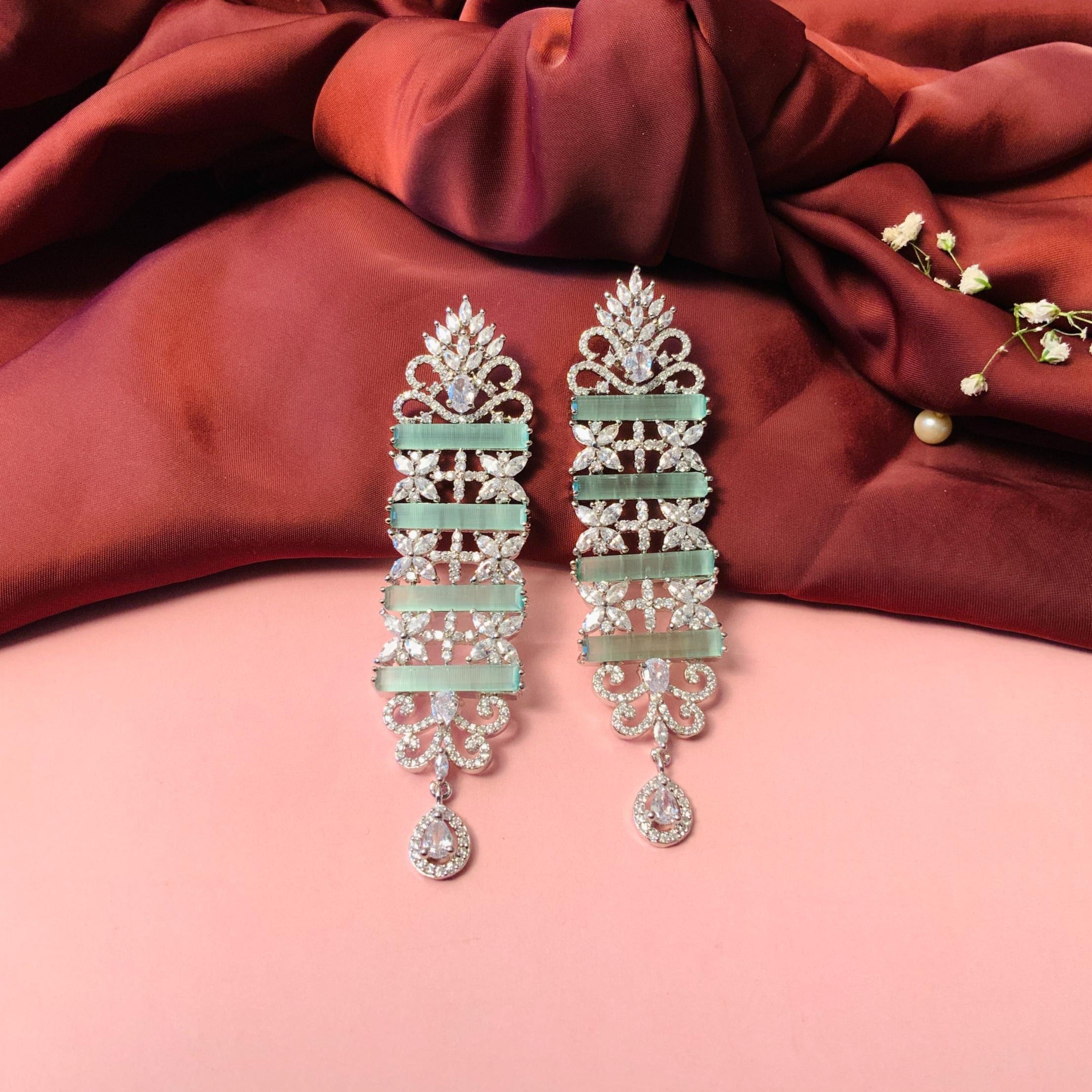 Silver Plated Festive Sparkling Light Green Earrings