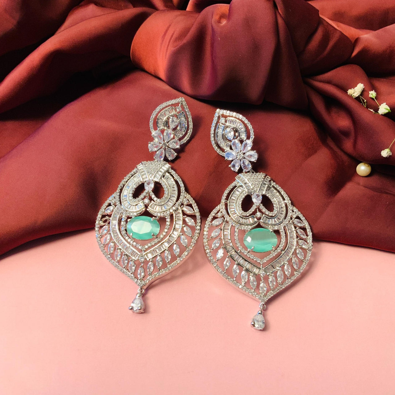 Engaging Silver Plated Mint Green Stone American Diamond Drop Earrings - Abdesignsjewellery