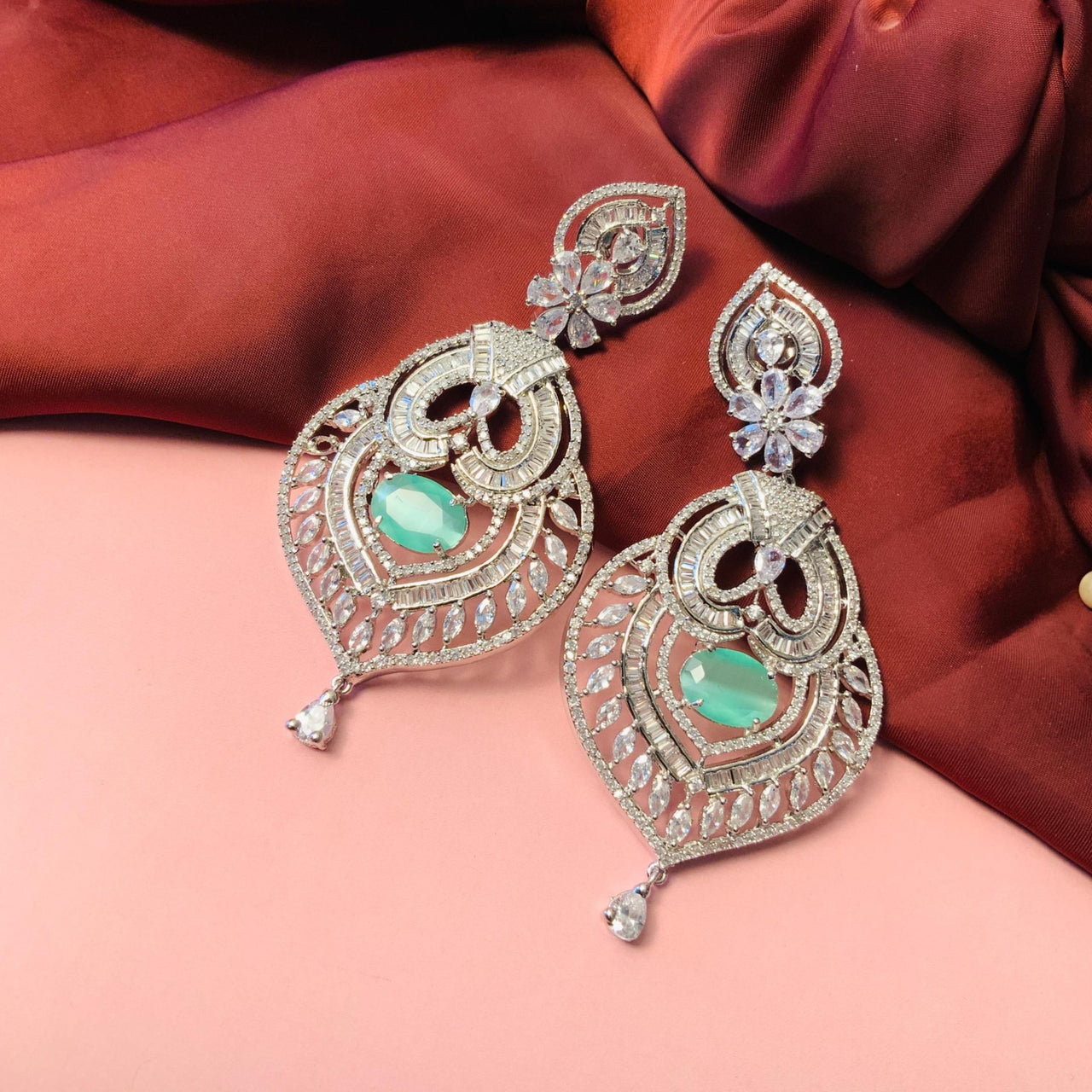 Engaging Silver Plated Mint Green Stone American Diamond Drop Earrings - Abdesignsjewellery