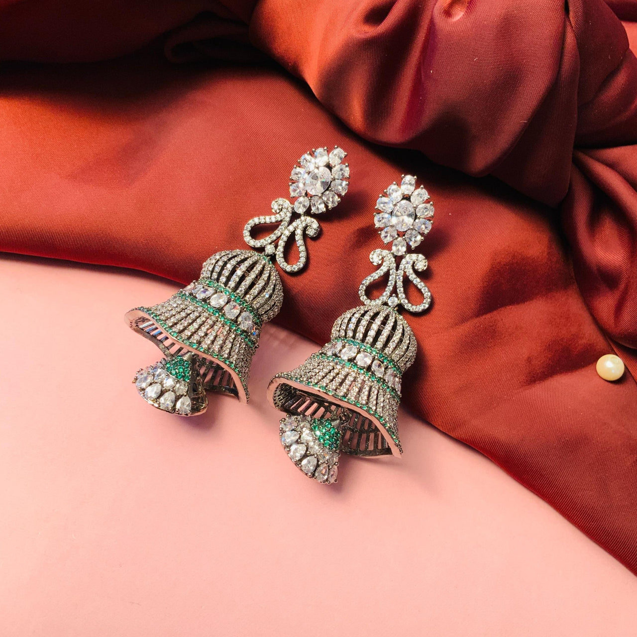 Striking American Diamond Victorian Silver Plated Green Jhumka