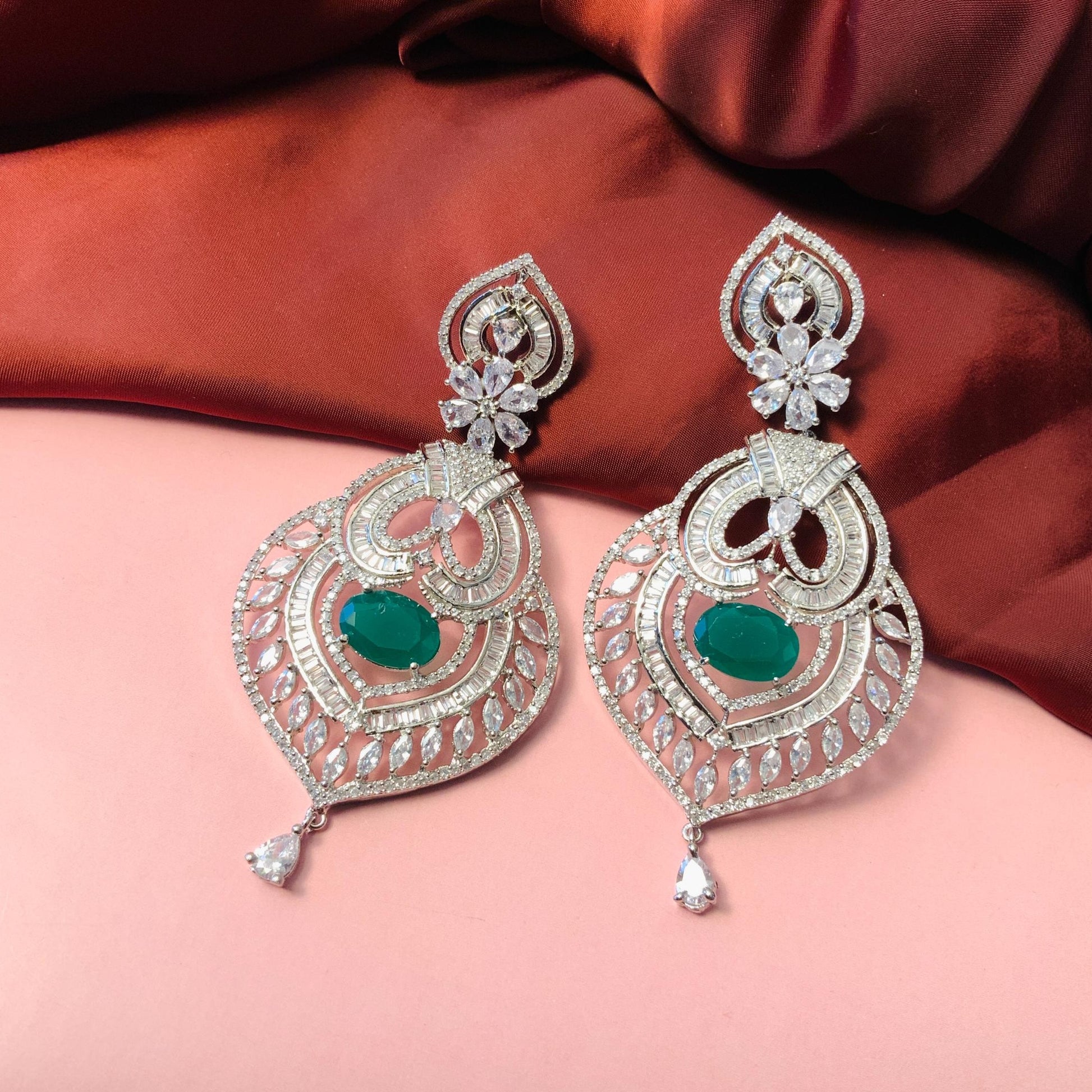 Endearing Silver Finish Emerald American Diamond Dangler Earrings - Abdesignsjewellery