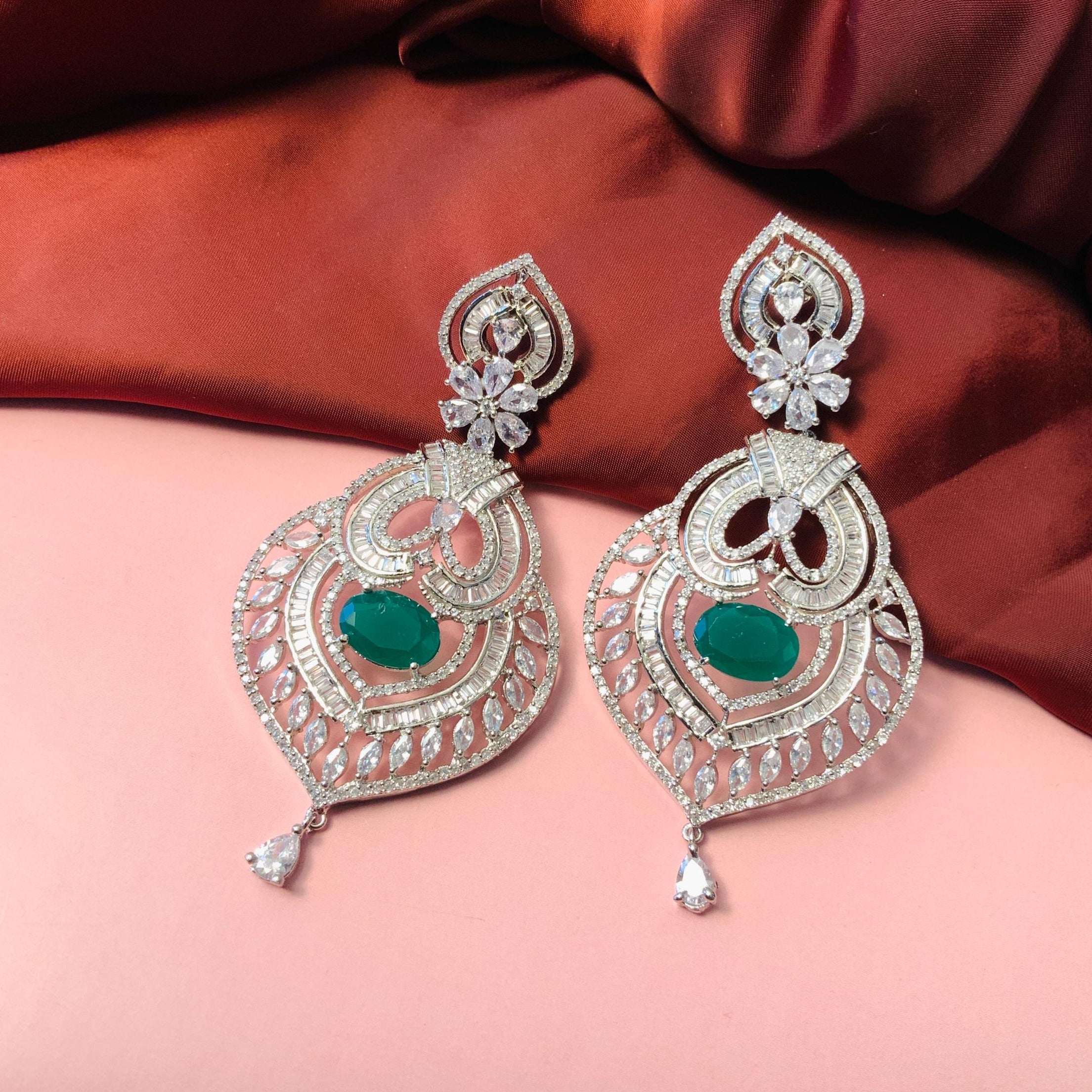 Endearing Silver Finish Emerald American Diamond Dangler Earrings - Abdesignsjewellery