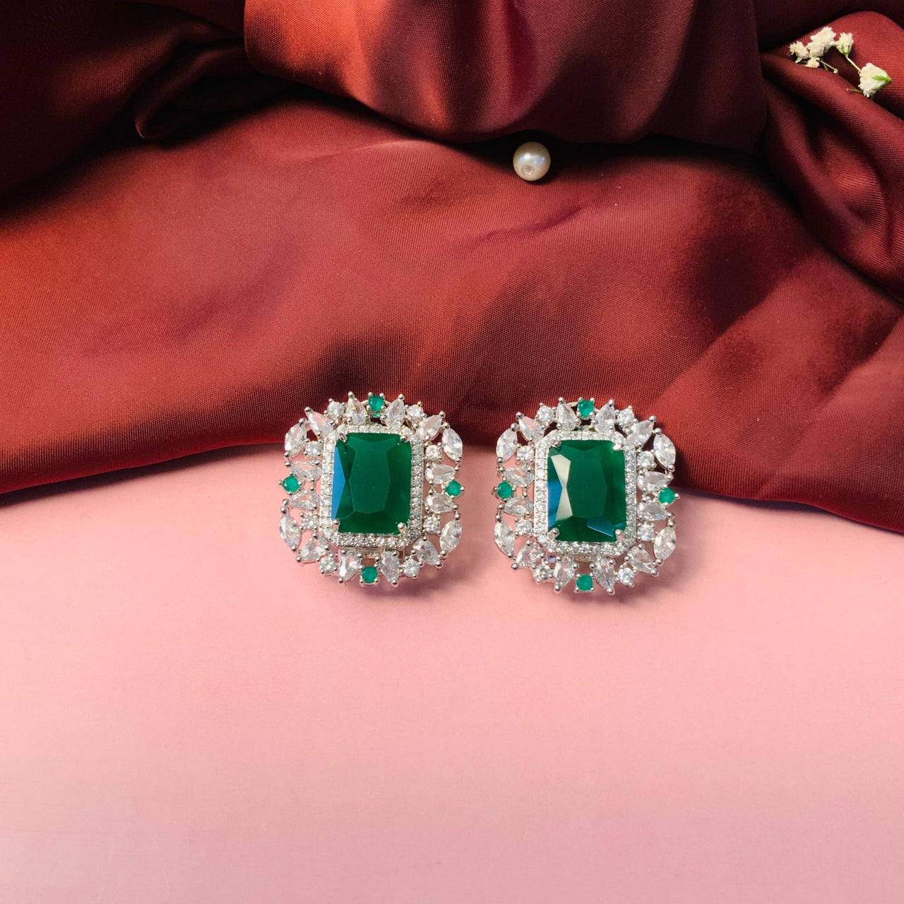 Kiara Advani Wedding Inspired Emerald Silver Plated Earrings