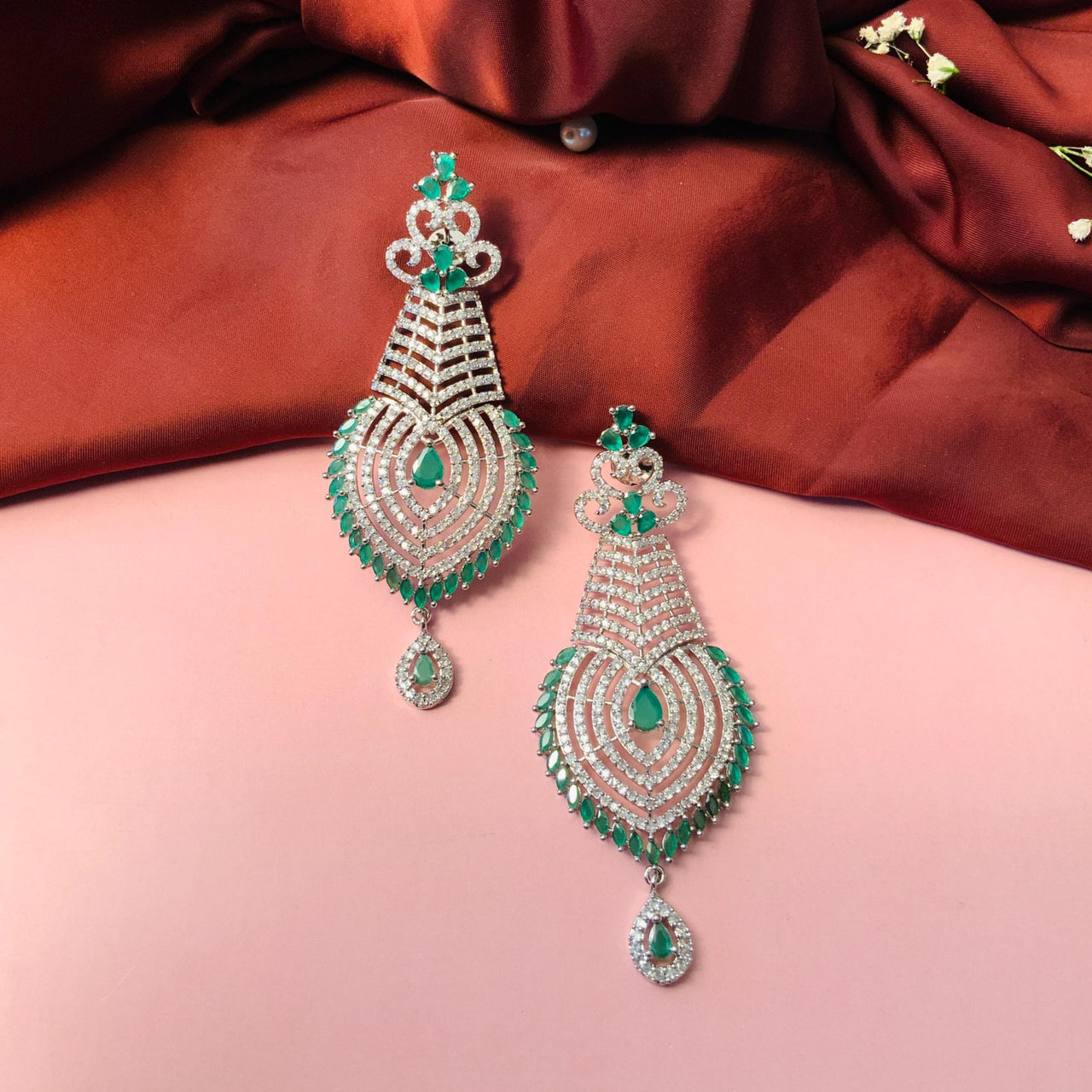 Sparkling Green & Silver American Diamond Earrings