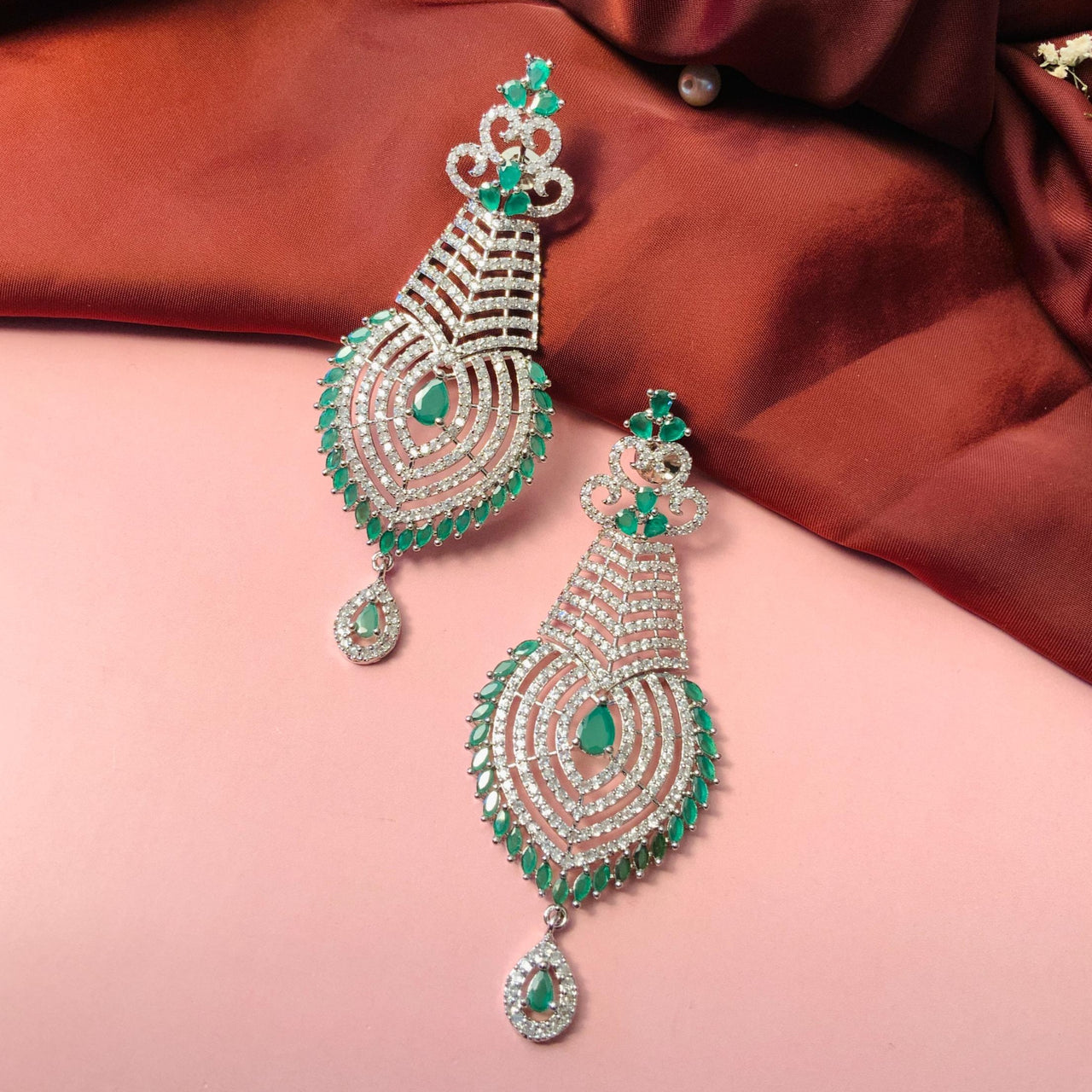 Sparkling Green & Silver American Diamond Earrings