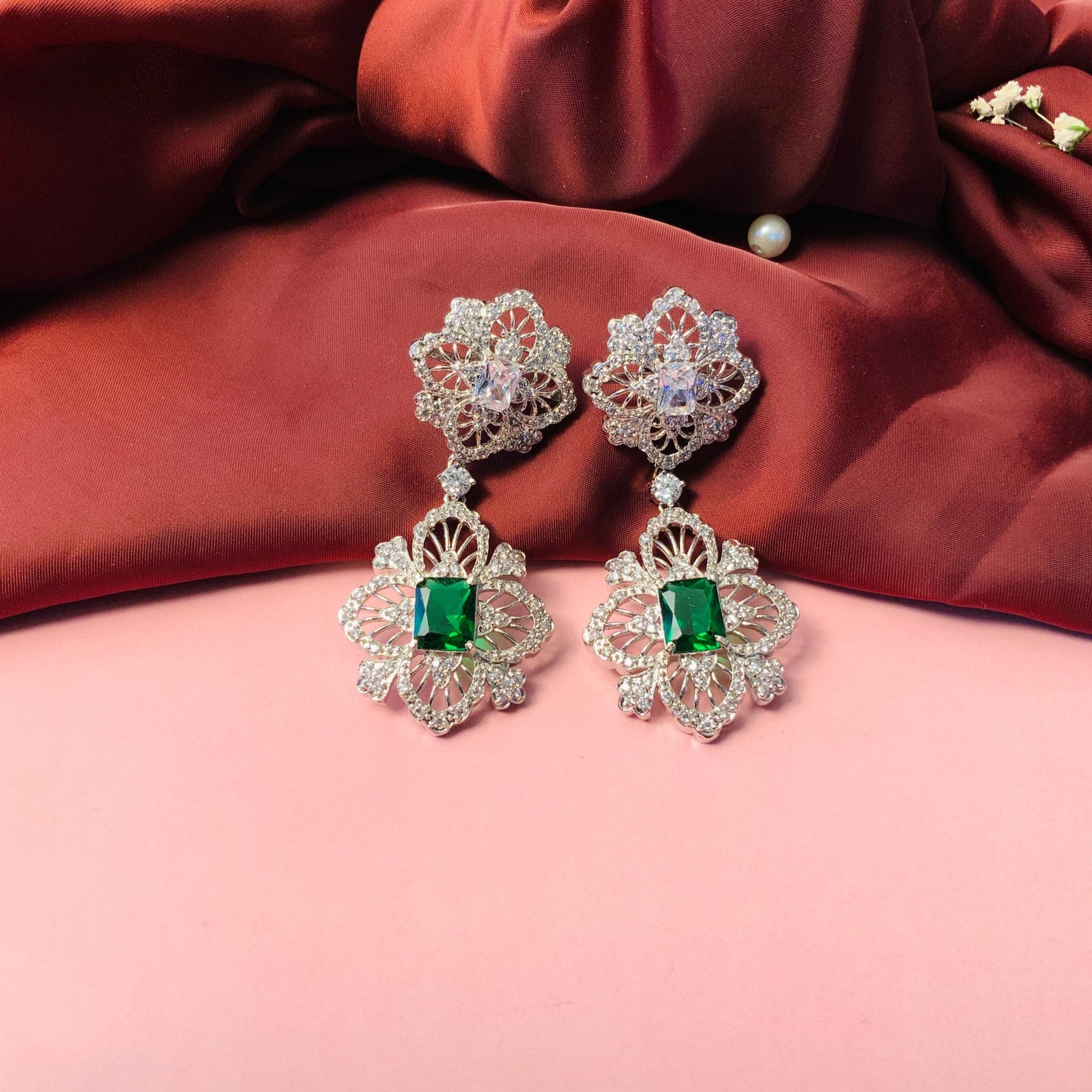 Emerald And CZ Studded Silver Plated Drop Earrings - Abdesignsjewellery