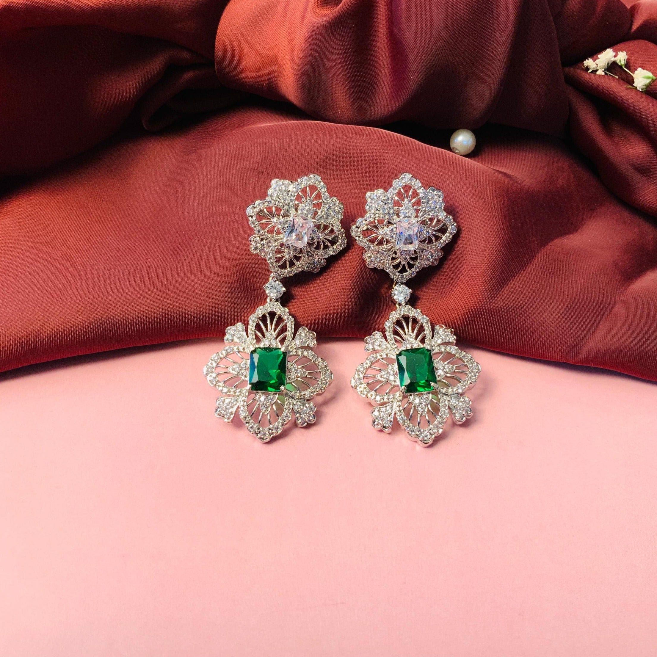 Emerald And CZ Studded Silver Plated Drop Earrings - Abdesignsjewellery