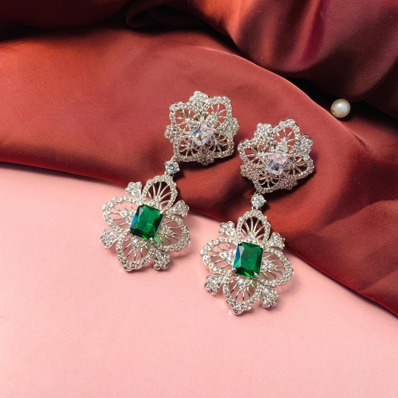 Emerald And CZ Studded Silver Plated Drop Earrings