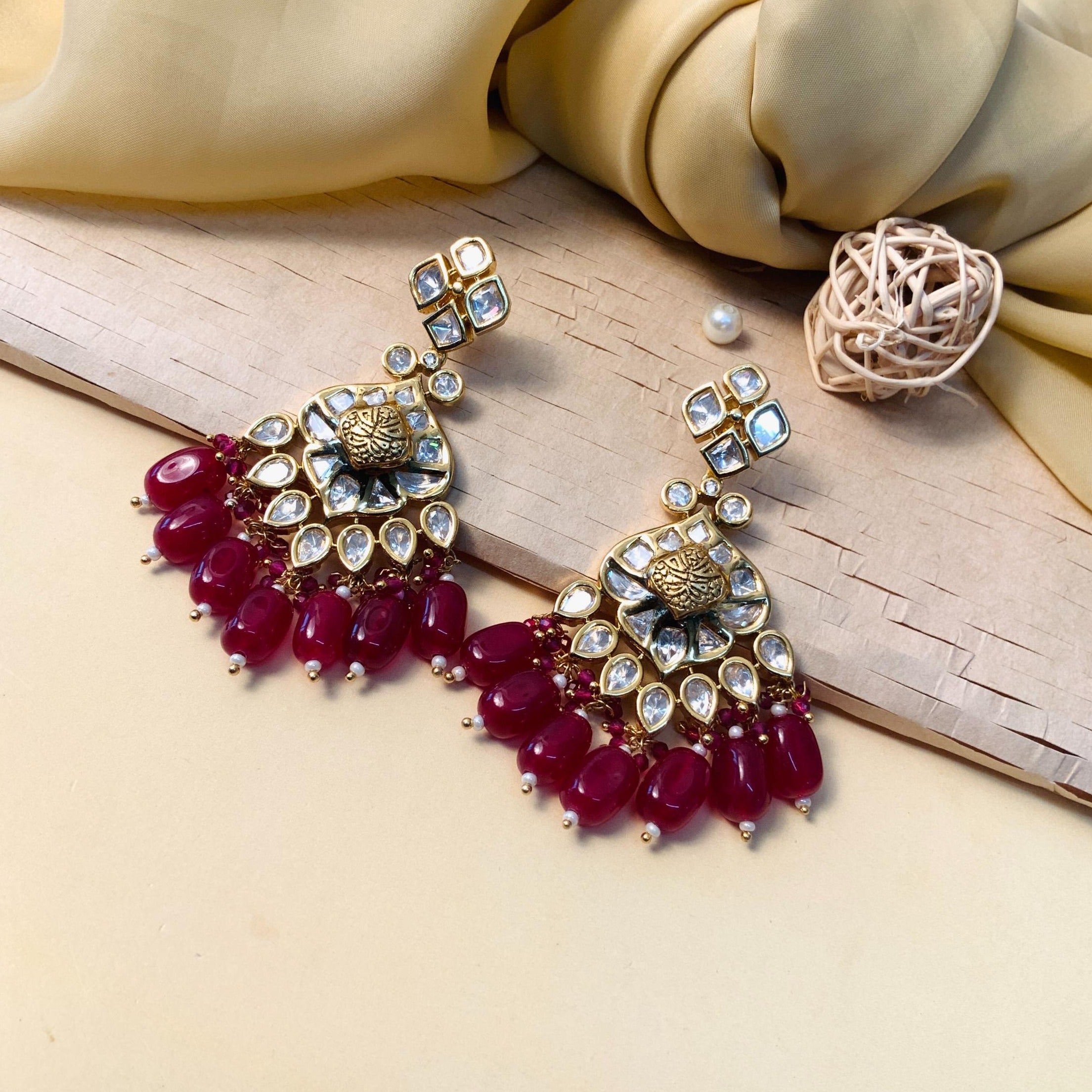 Uncut Kundan Red Gold Plated Earring - earrings by Abdesigns Jewellery