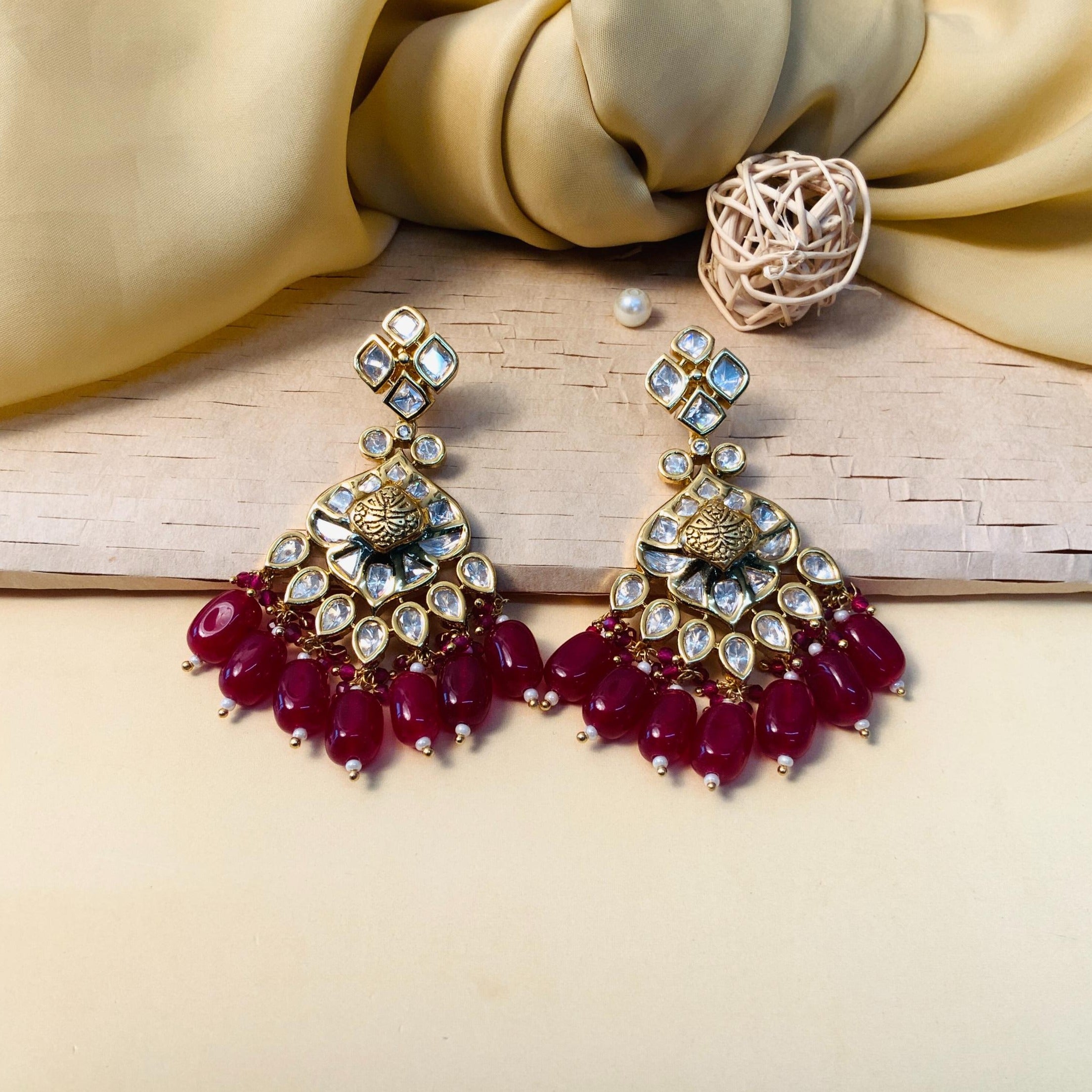 Uncut Kundan Red Gold Plated Earring - earrings by Abdesigns Jewellery