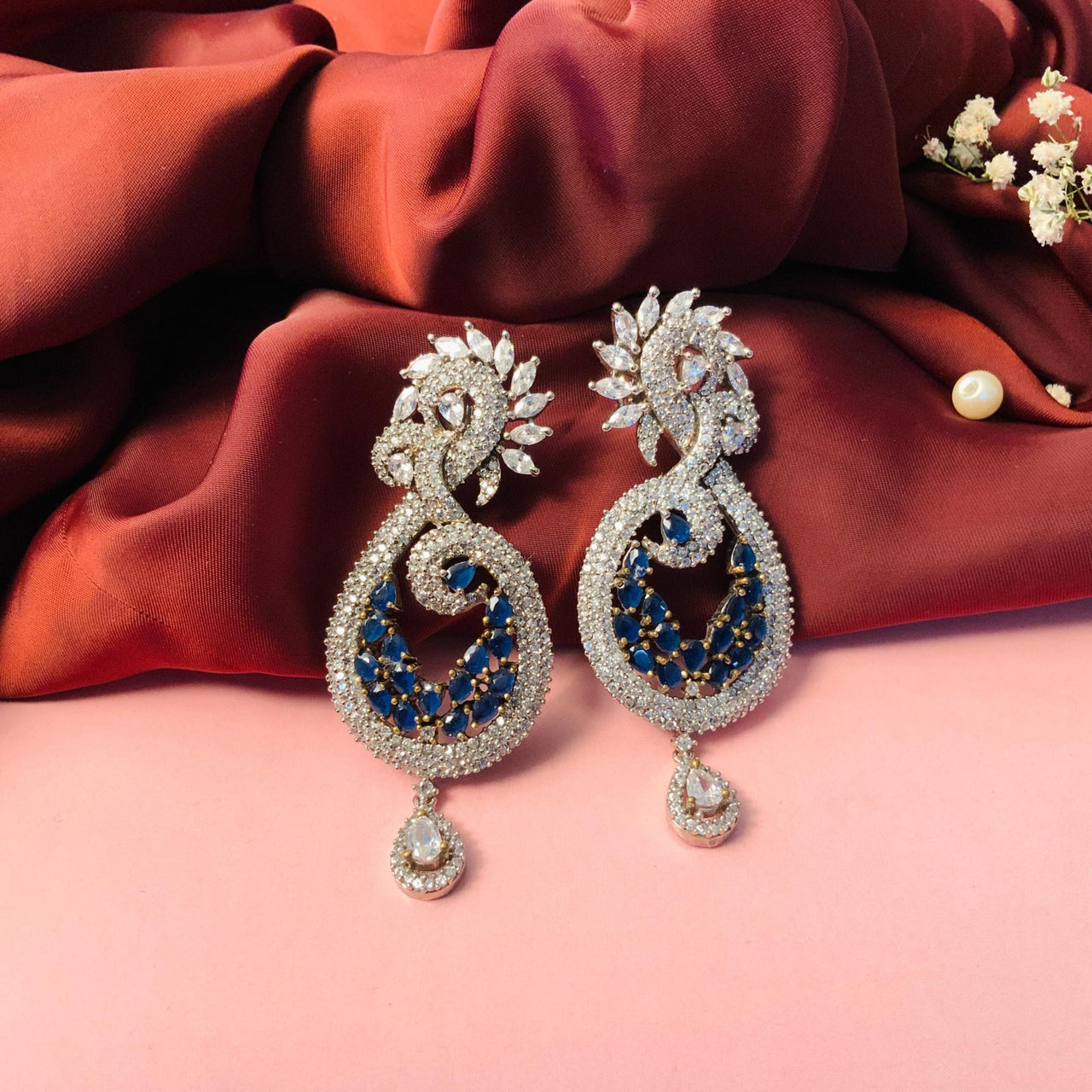 Appealing Navy Blue Victorian Silver Tone Earrings - Abdesignsjewellery