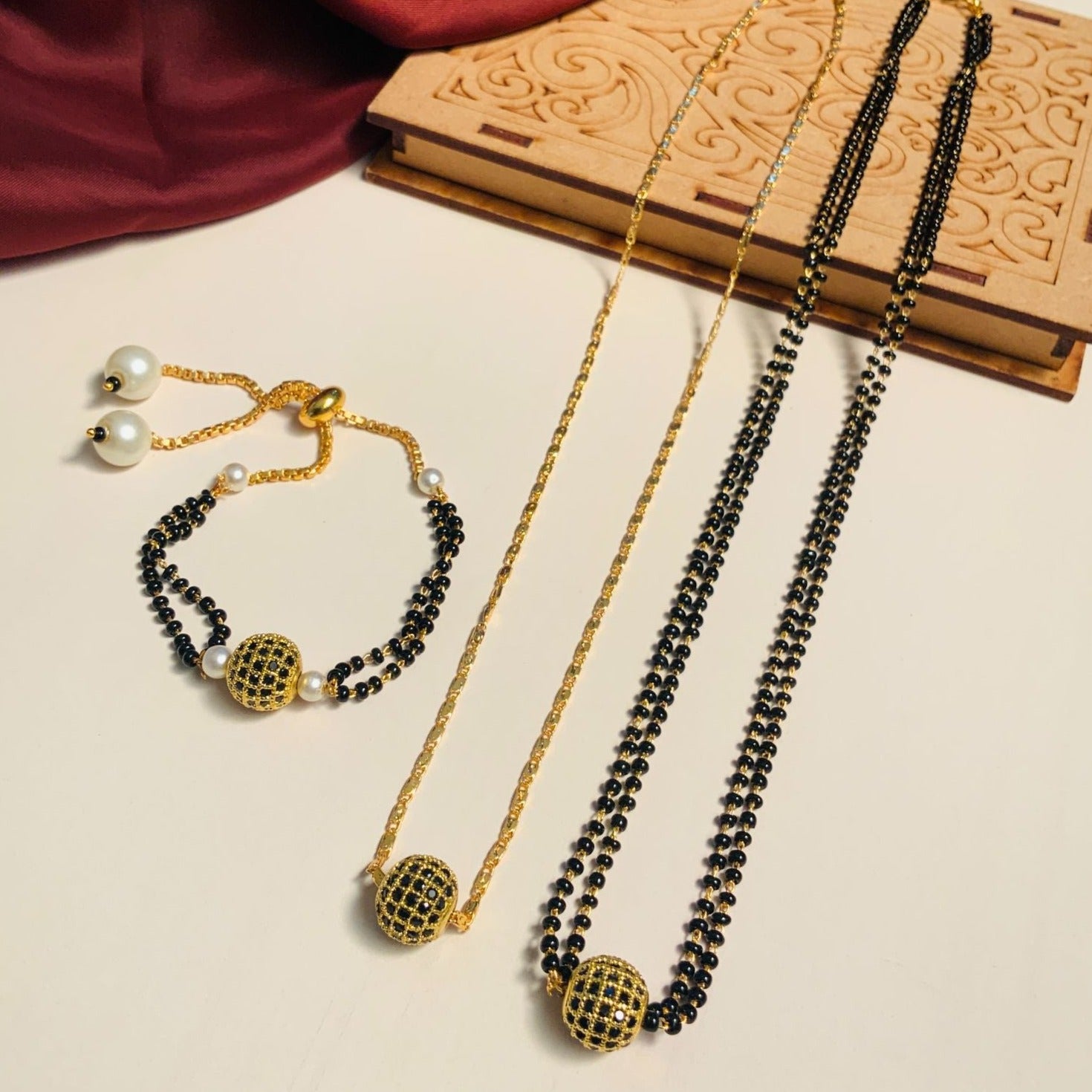 Black Ball Gold Plated American Diamond Mangalsutra Combo - Abdesignsjewellery