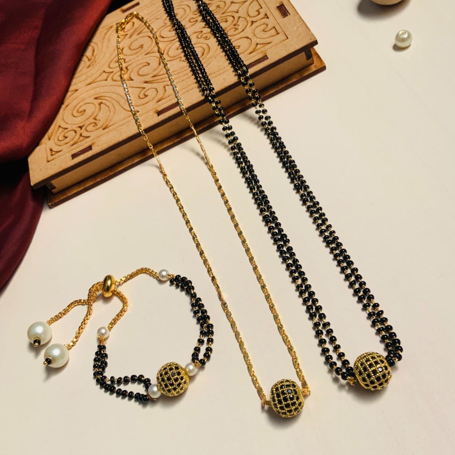 Black Ball Gold Plated American Diamond Mangalsutra Combo - Abdesignsjewellery
