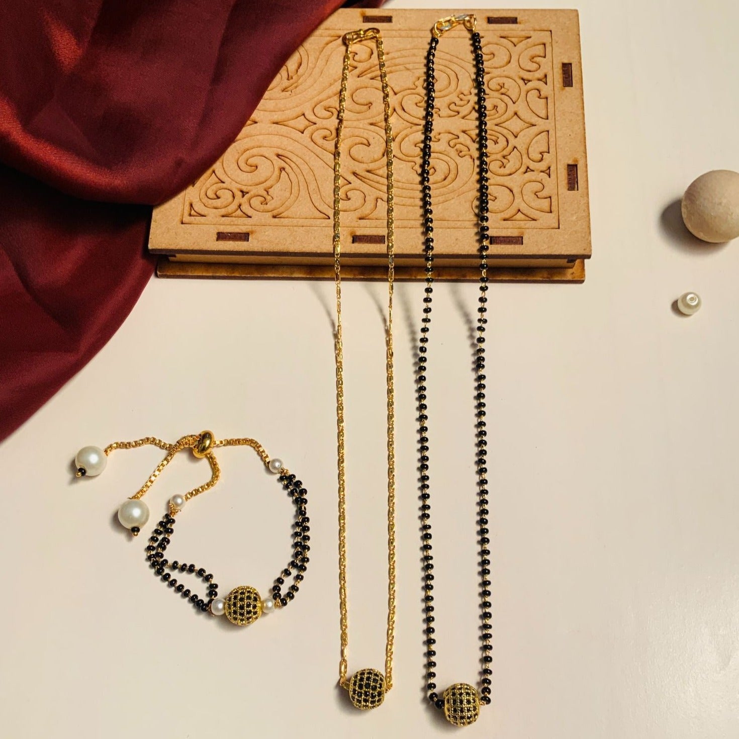 Black Ball Gold Plated American Diamond Mangalsutra Combo - Abdesignsjewellery