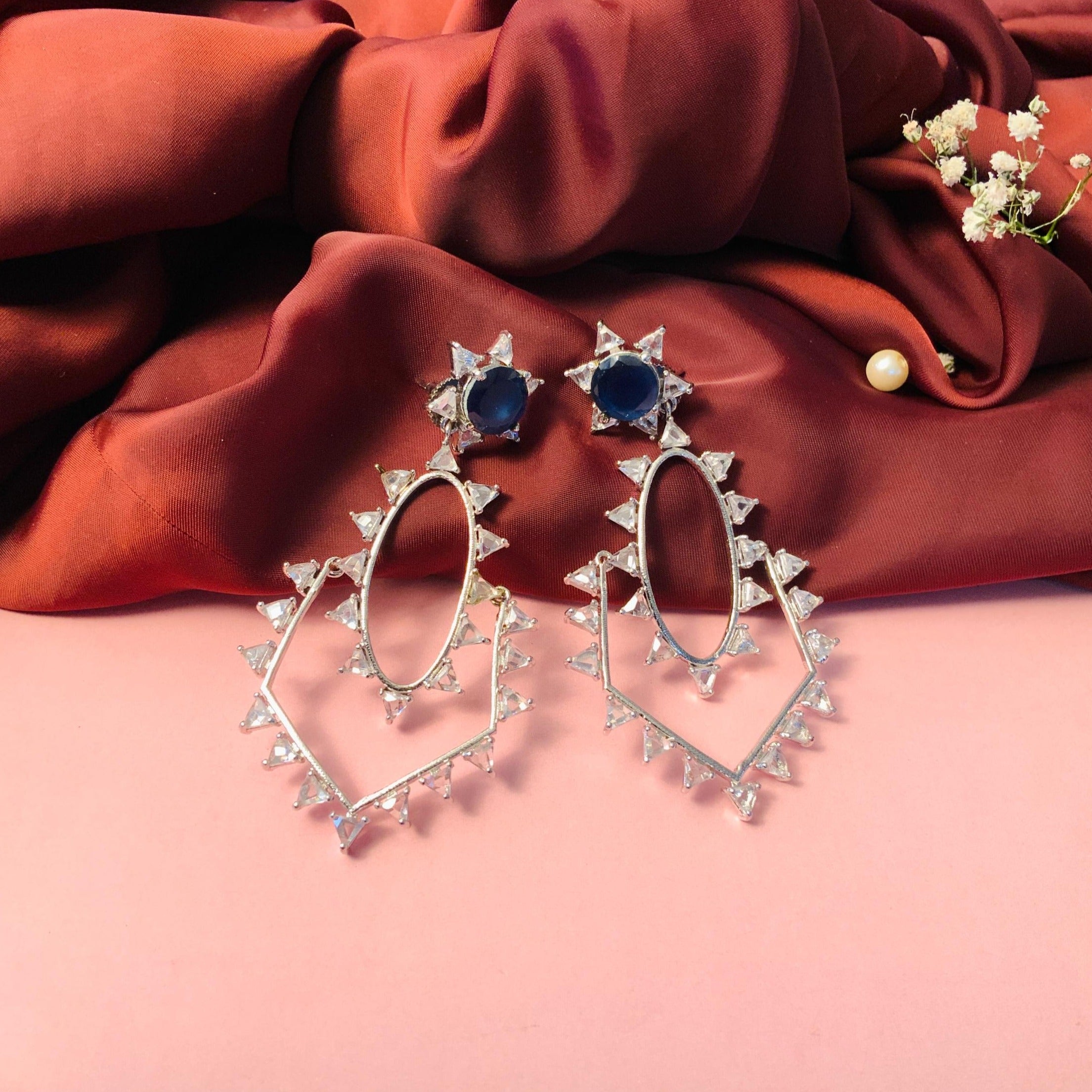 Silver Toned Sapphire CZ Studded Earrings