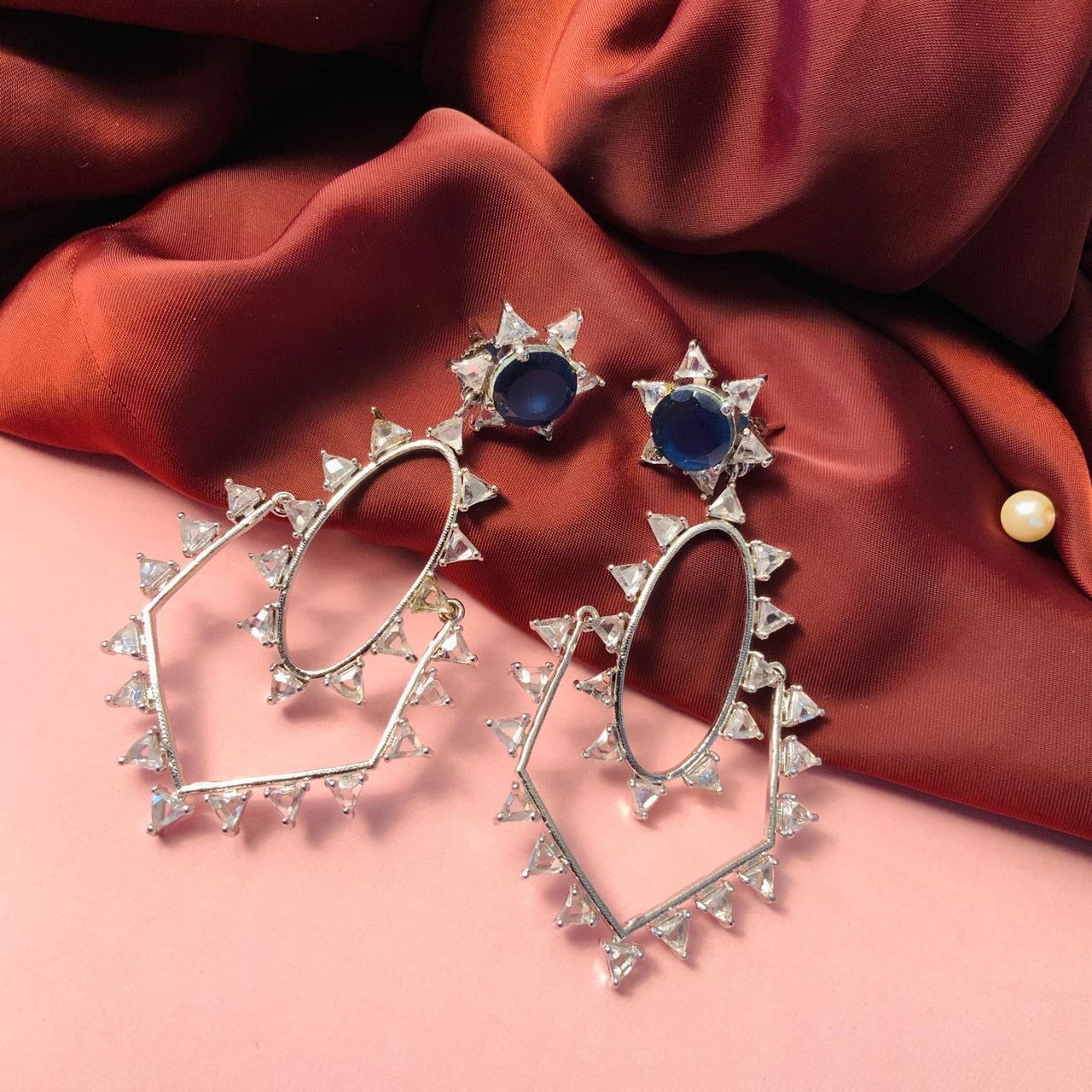 Silver Toned Sapphire CZ Studded Earrings