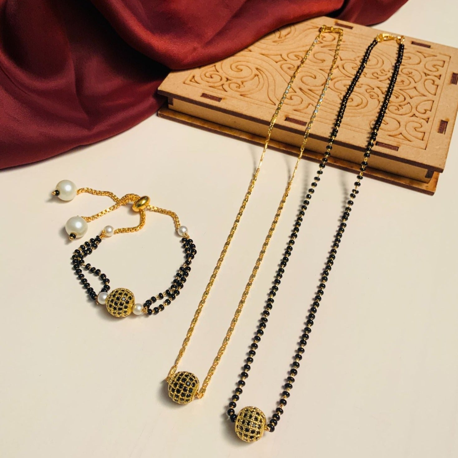 Black Ball Gold Plated American Diamond Mangalsutra Combo - Abdesignsjewellery