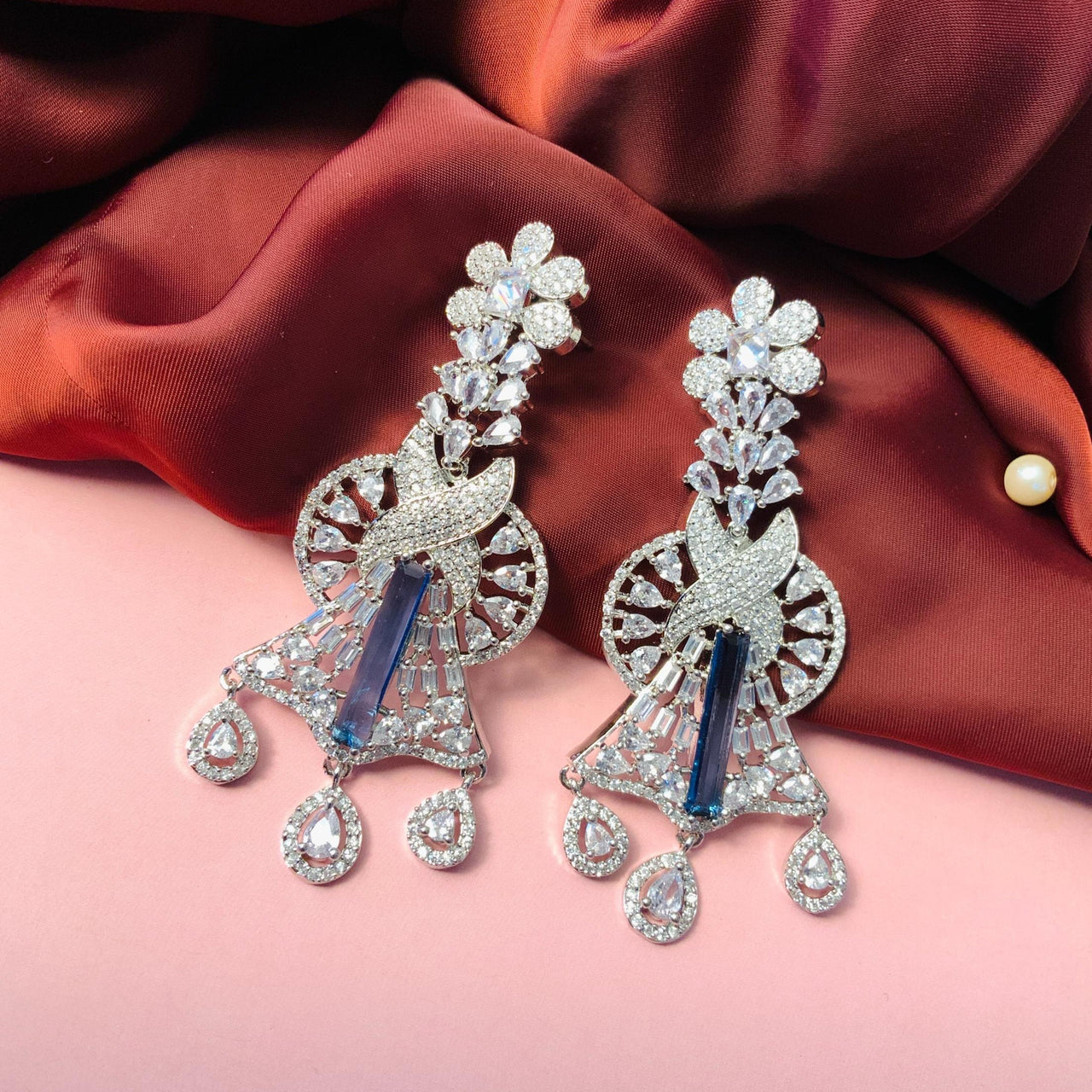 Sparkling American Diamond Studded Silver Plated Earrings