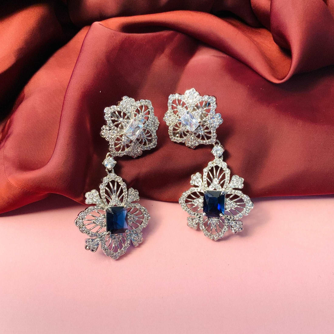 Aesthetics Silver Toned Sapphire AD Earrings - Abdesignsjewellery