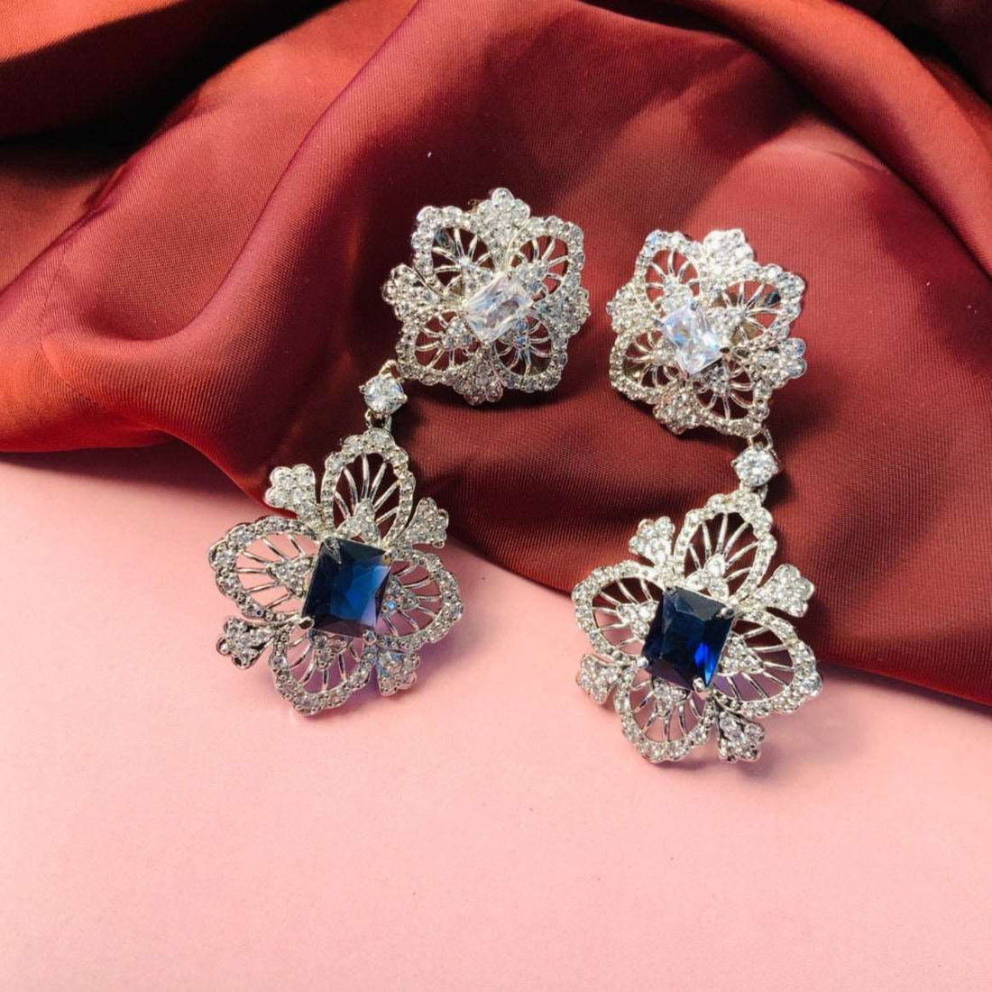Aesthetics Silver Toned Sapphire AD Earrings - Abdesignsjewellery