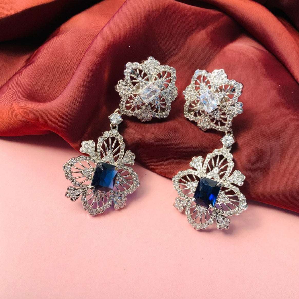 Aesthetics Silver Toned Sapphire AD Earrings - Abdesignsjewellery