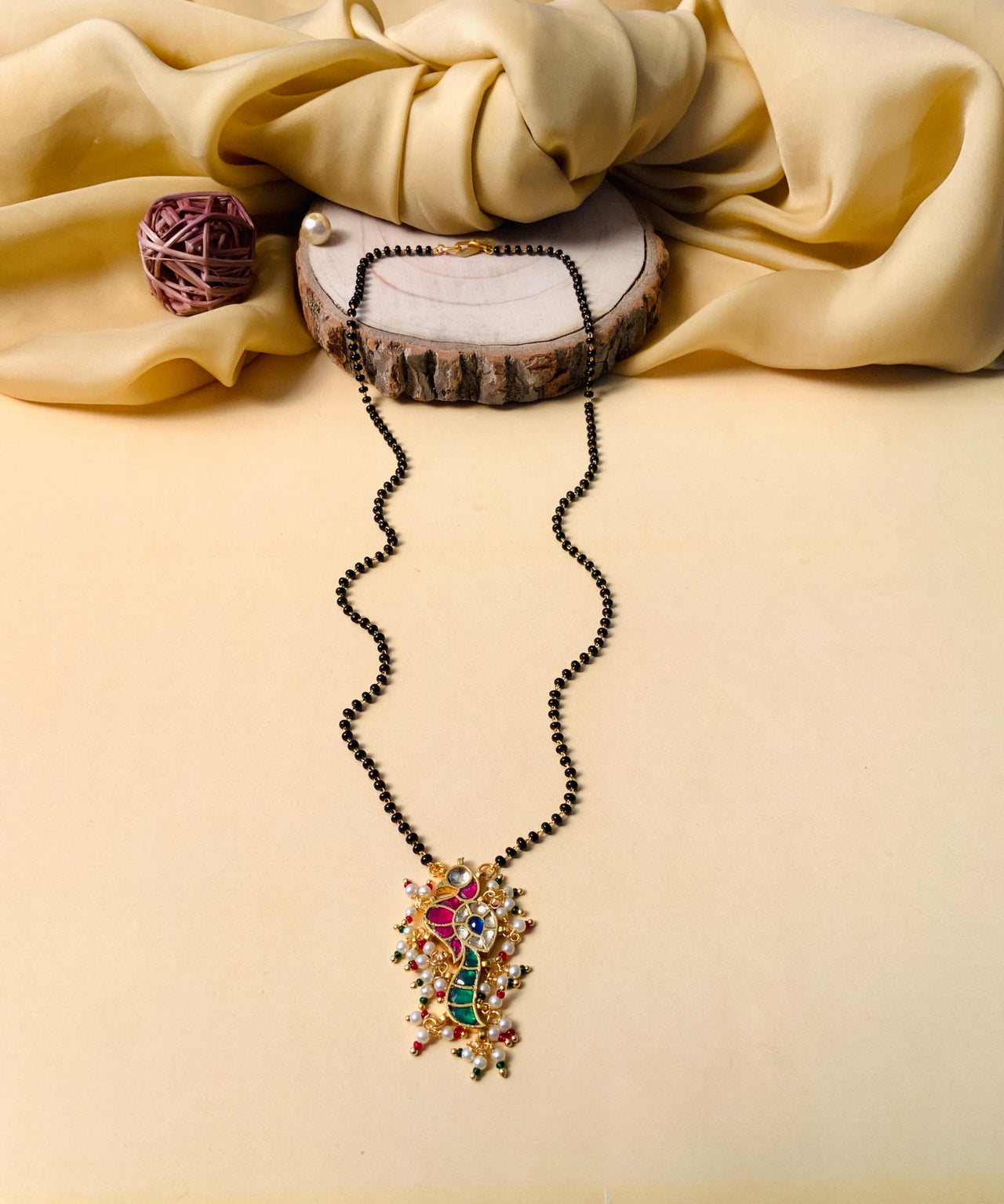 Gold Plated Bewitching Peacock Pachi Kundan Polki Pearl Drop Mangalsutra - Abdesignsjewellery