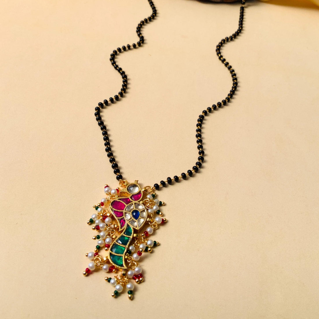 Gold Plated Bewitching Peacock Pachi Kundan Polki Pearl Drop Mangalsutra - Abdesignsjewellery