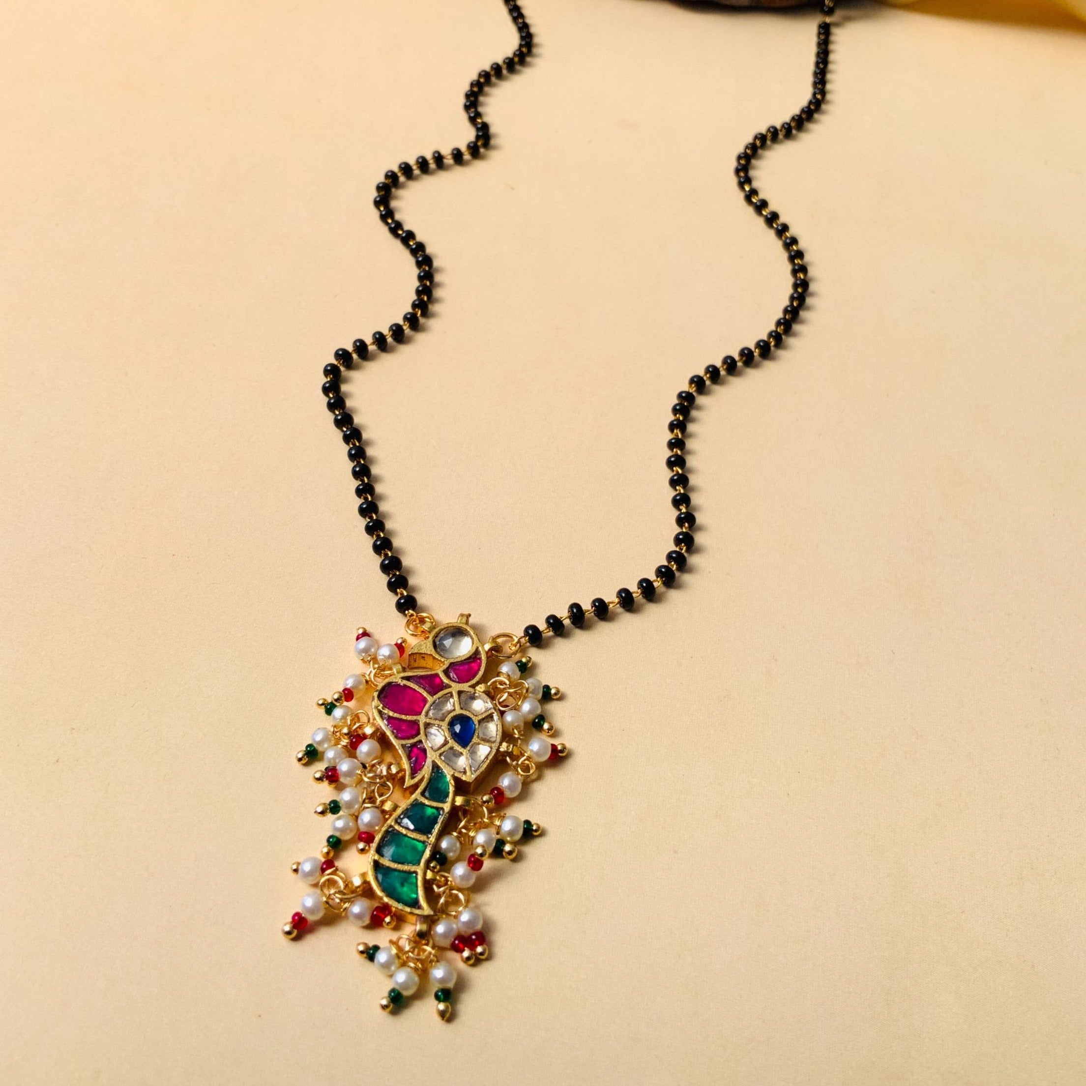Gold Plated Bewitching Peacock Pachi Kundan Polki Pearl Drop Mangalsutra - Abdesignsjewellery