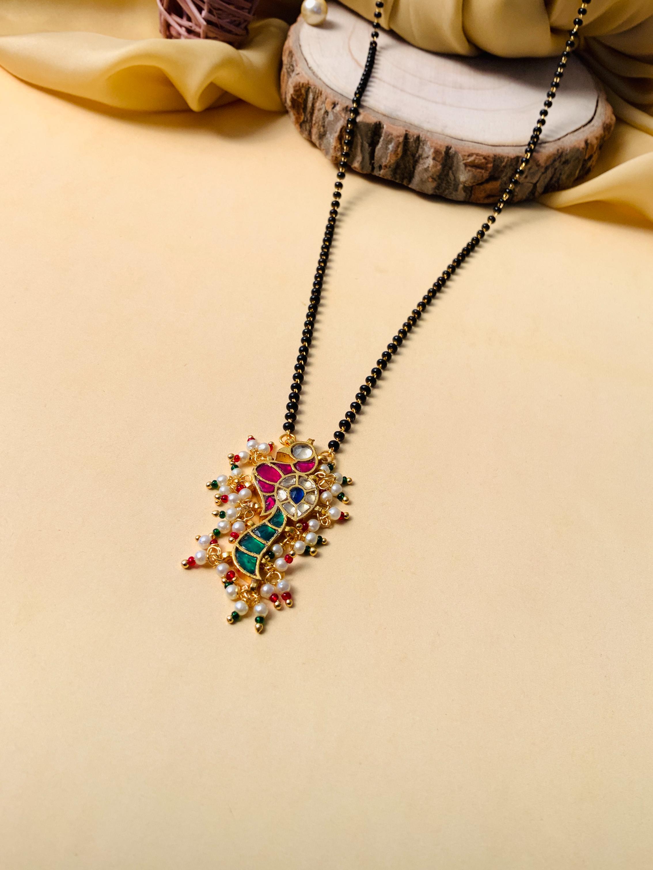 Gold Plated Bewitching Peacock Pachi Kundan Polki Pearl Drop Mangalsutra - Abdesignsjewellery