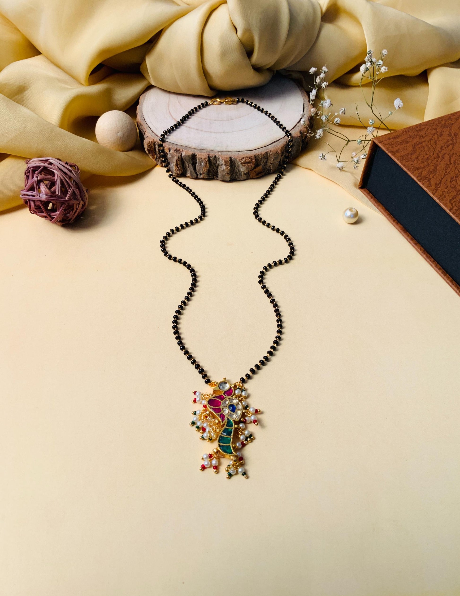 Gold Plated Bewitching Peacock Pachi Kundan Polki Pearl Drop Mangalsutra - Abdesignsjewellery