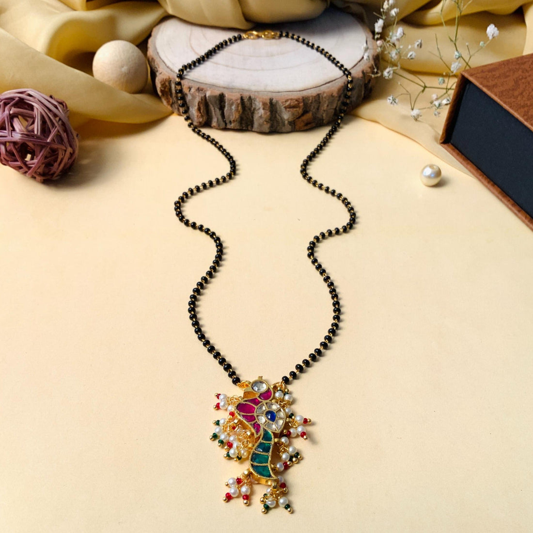 Gold Plated Bewitching Peacock Pachi Kundan Polki Pearl Drop Mangalsutra - Abdesignsjewellery