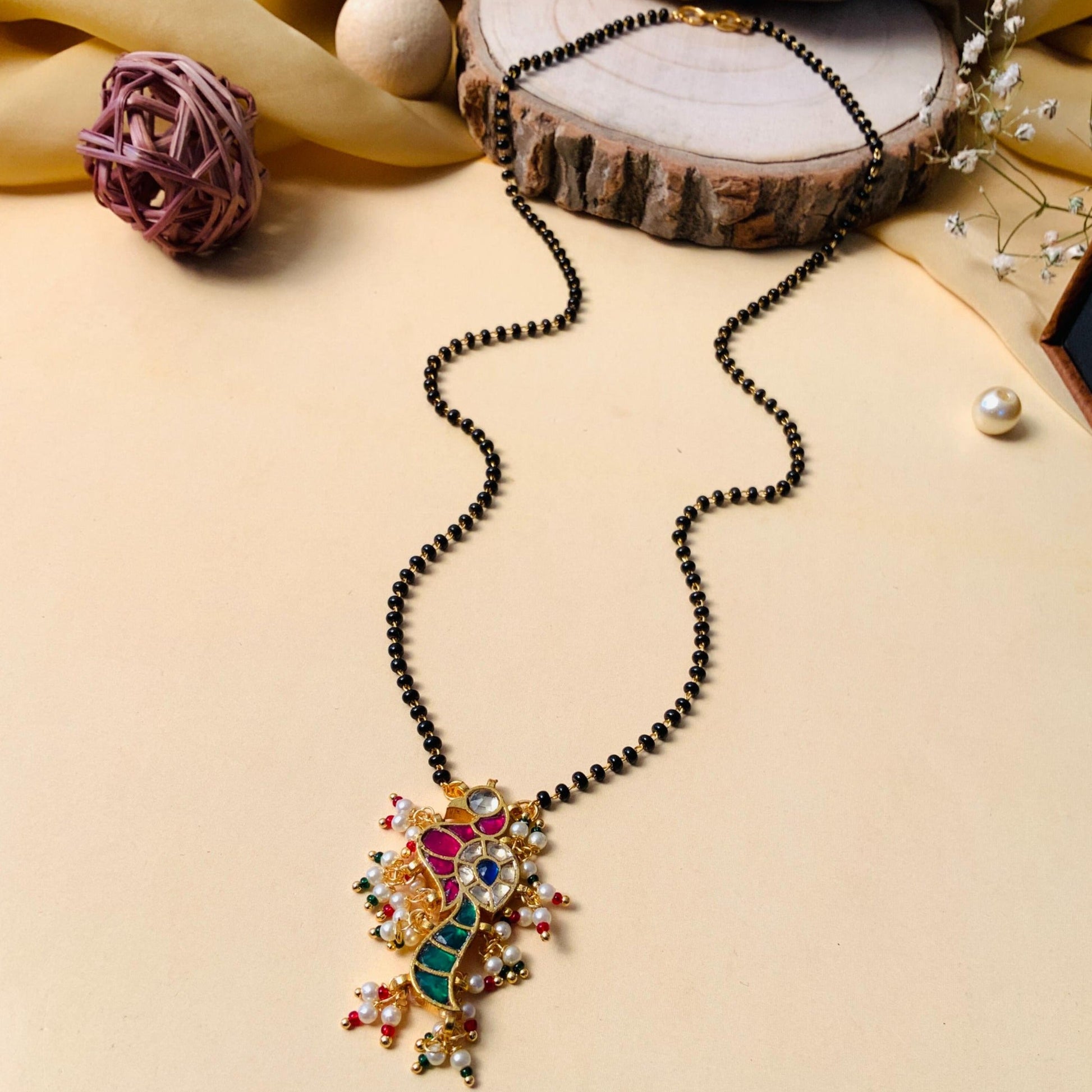 Gold Plated Bewitching Peacock Pachi Kundan Polki Pearl Drop Mangalsutra - Abdesignsjewellery