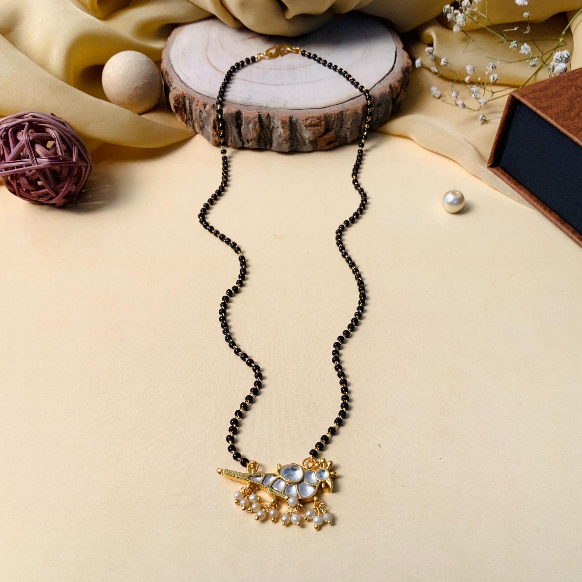 Ethnic Gold Plated Parrot Pachi Kundan Polki Pearl Drop Mangalsutra - Abdesignsjewellery