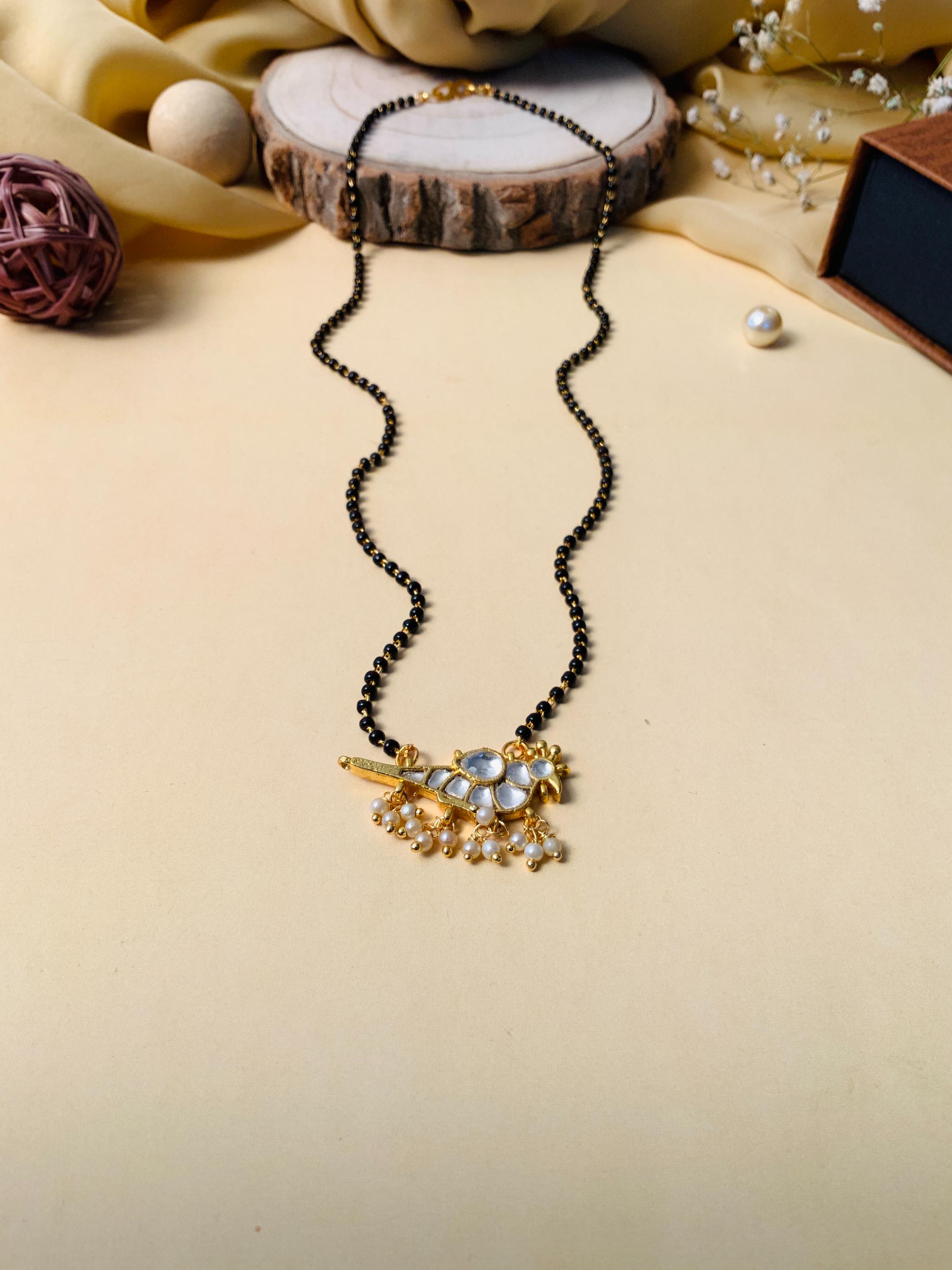 Ethnic Gold Plated Parrot Pachi Kundan Polki Pearl Drop Mangalsutra - Abdesignsjewellery