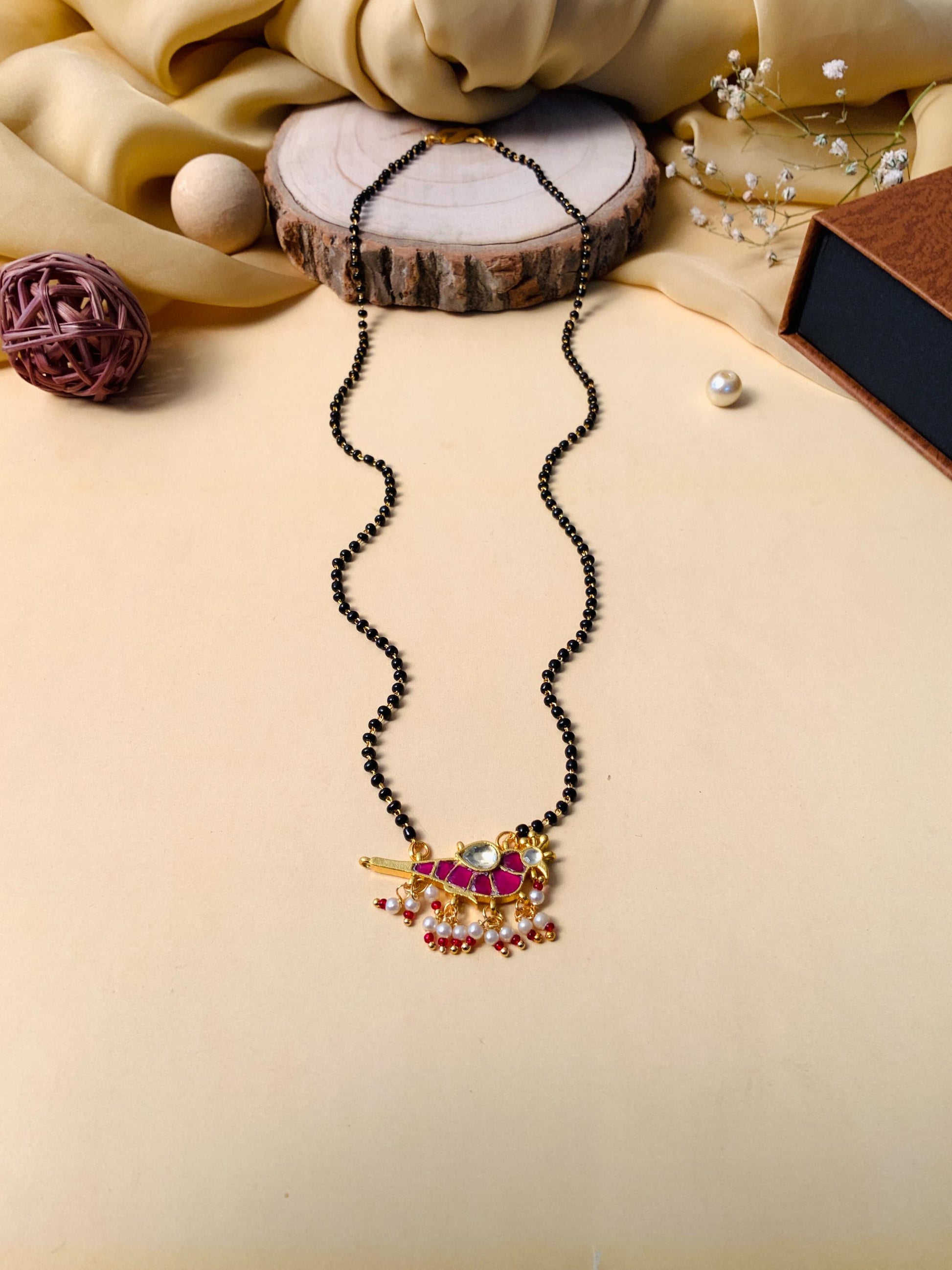Ethnic Gold Plated Parrot Pachi Kundan Polki Pearl Drop Mangalsutra - Abdesignsjewellery