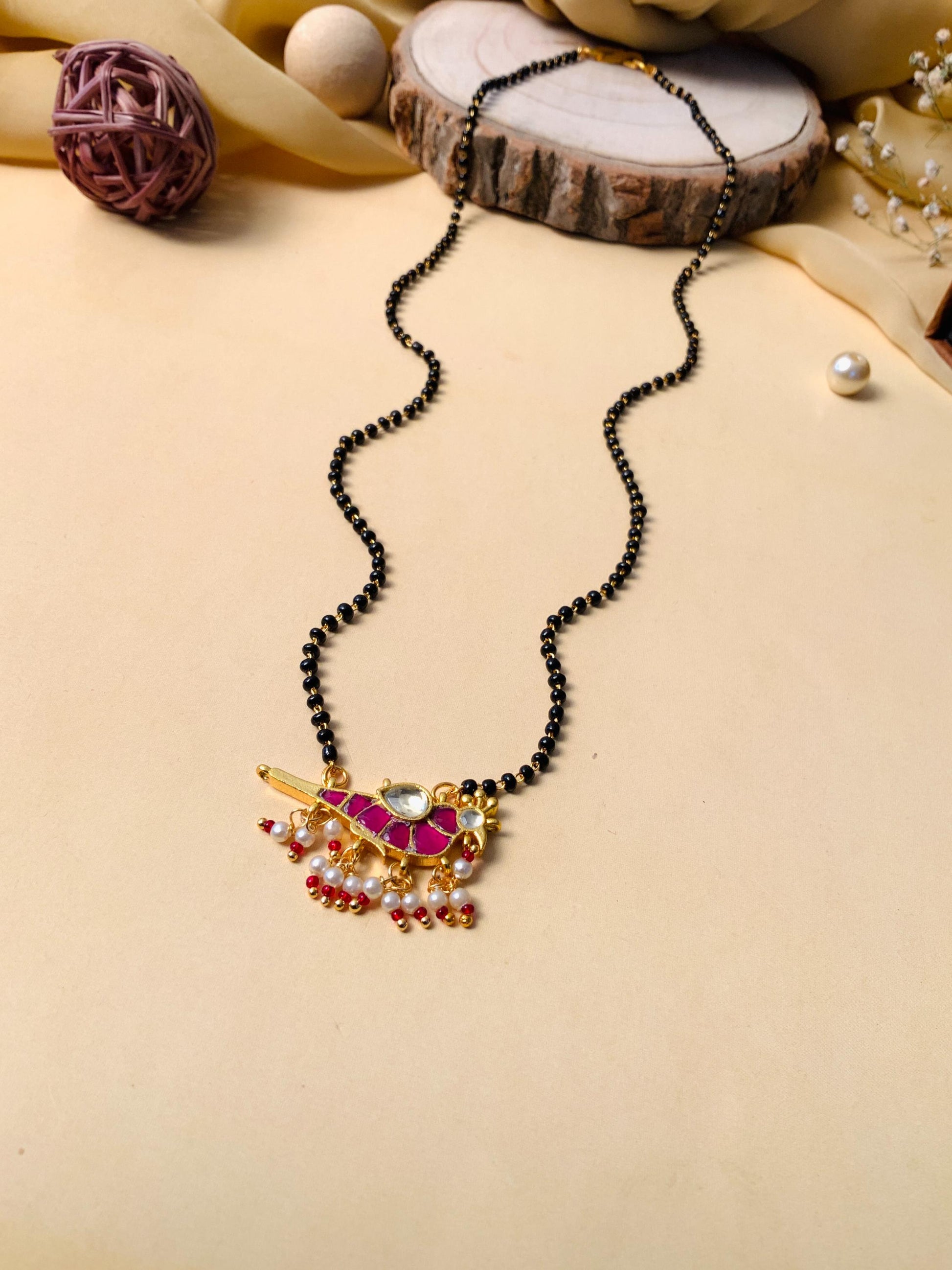 Ethnic Gold Plated Parrot Pachi Kundan Polki Pearl Drop Mangalsutra - Abdesignsjewellery